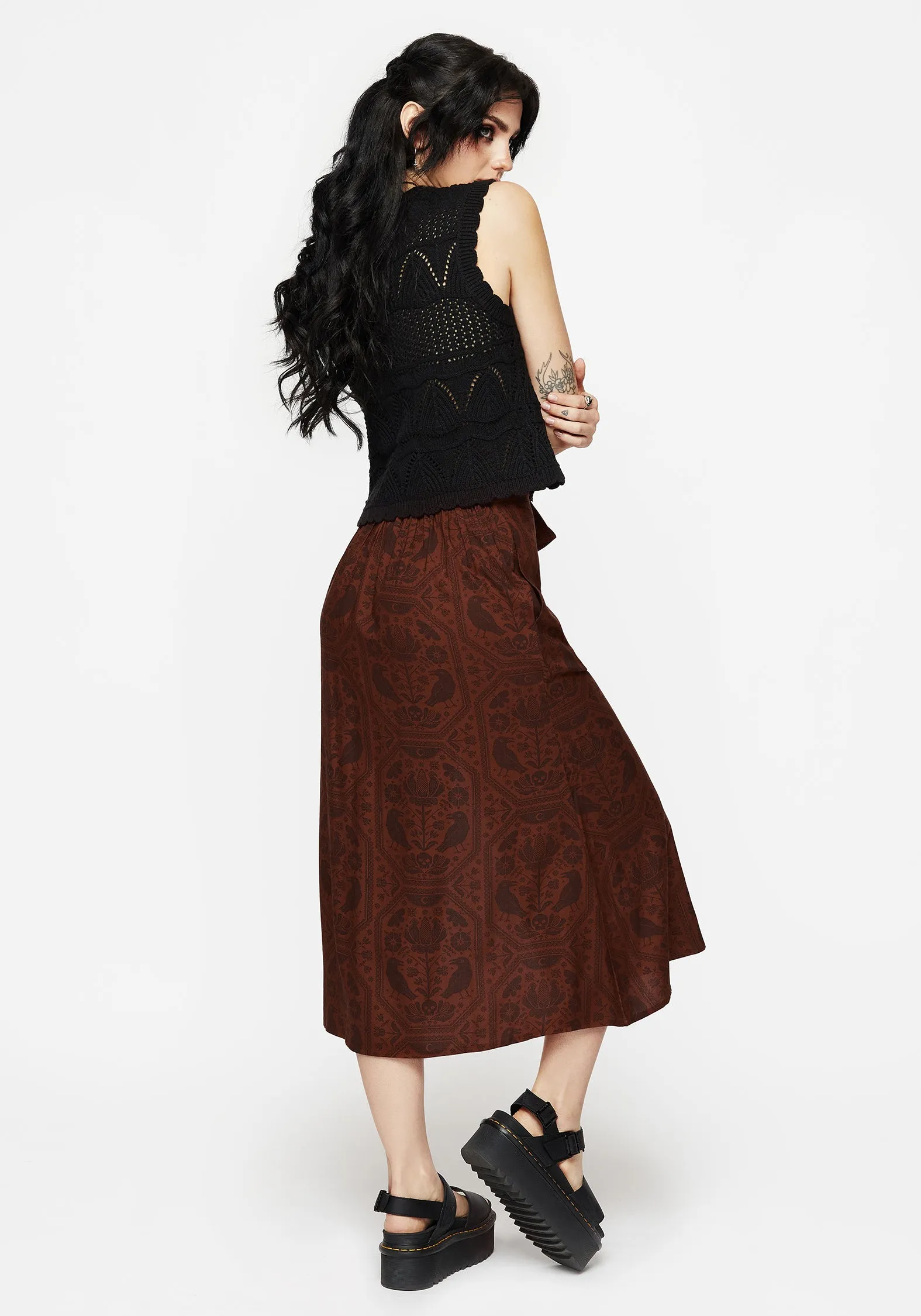 Future Fashion Annabel Raven Print Split Front Midi Skirt - Rust