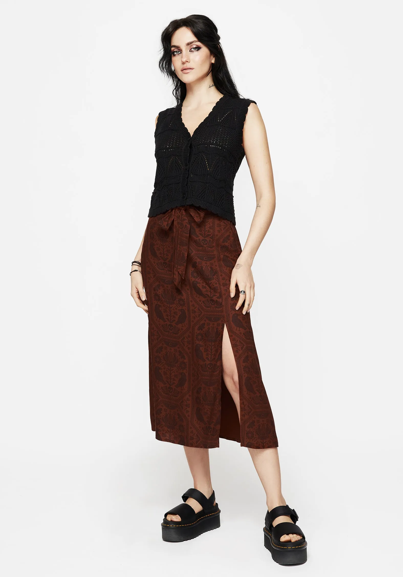 Foldable Design Airy Look Annabel Raven Print Split Front Midi Skirt - Rust