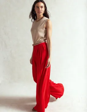Regent Wide Leg Trousers-Poppy Red Structured fabric