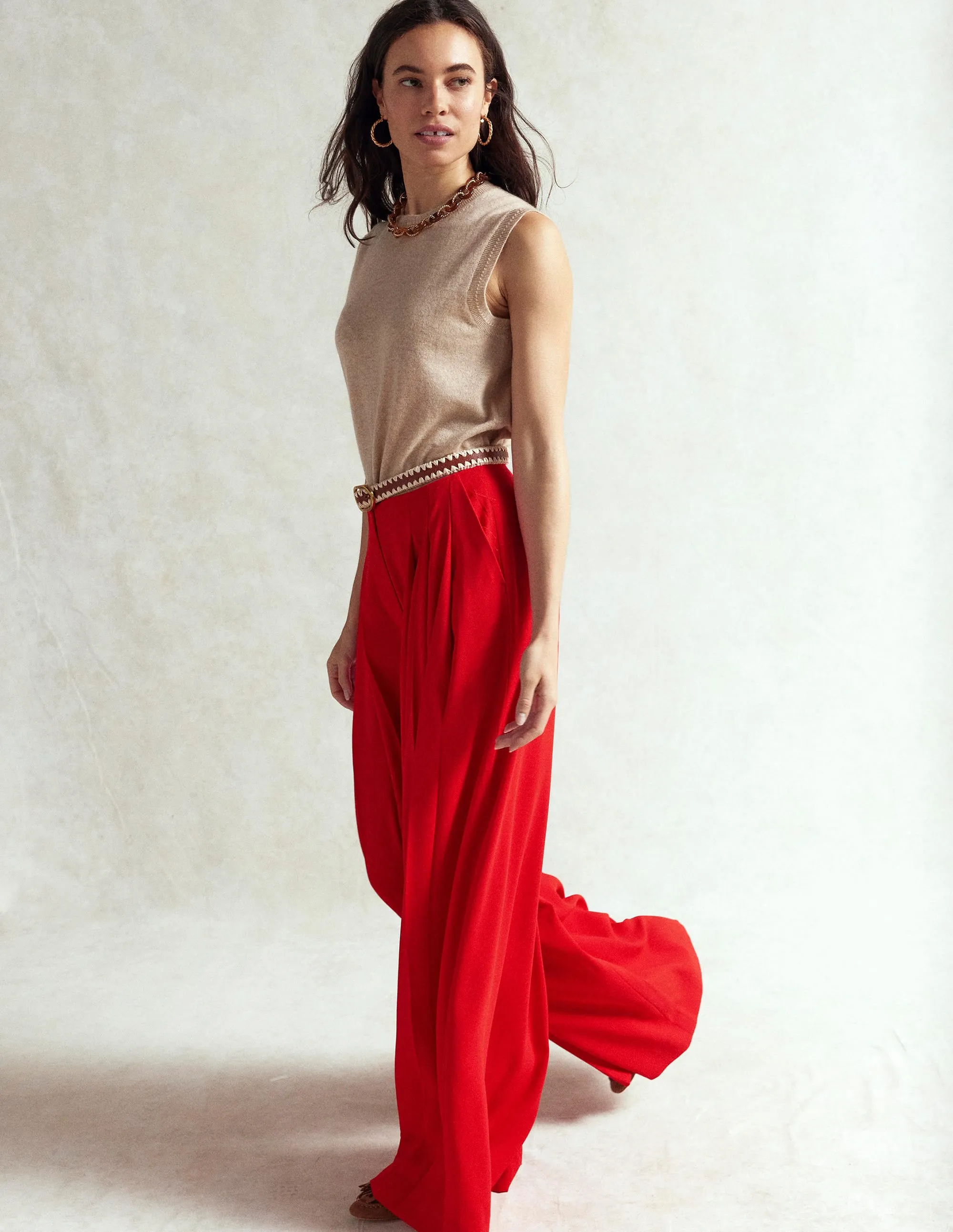 Regent Wide Leg Trousers-Poppy Red Structured fabric