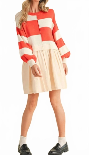Wrinkle Free Material Mixed Media Sweater Dress In Orange