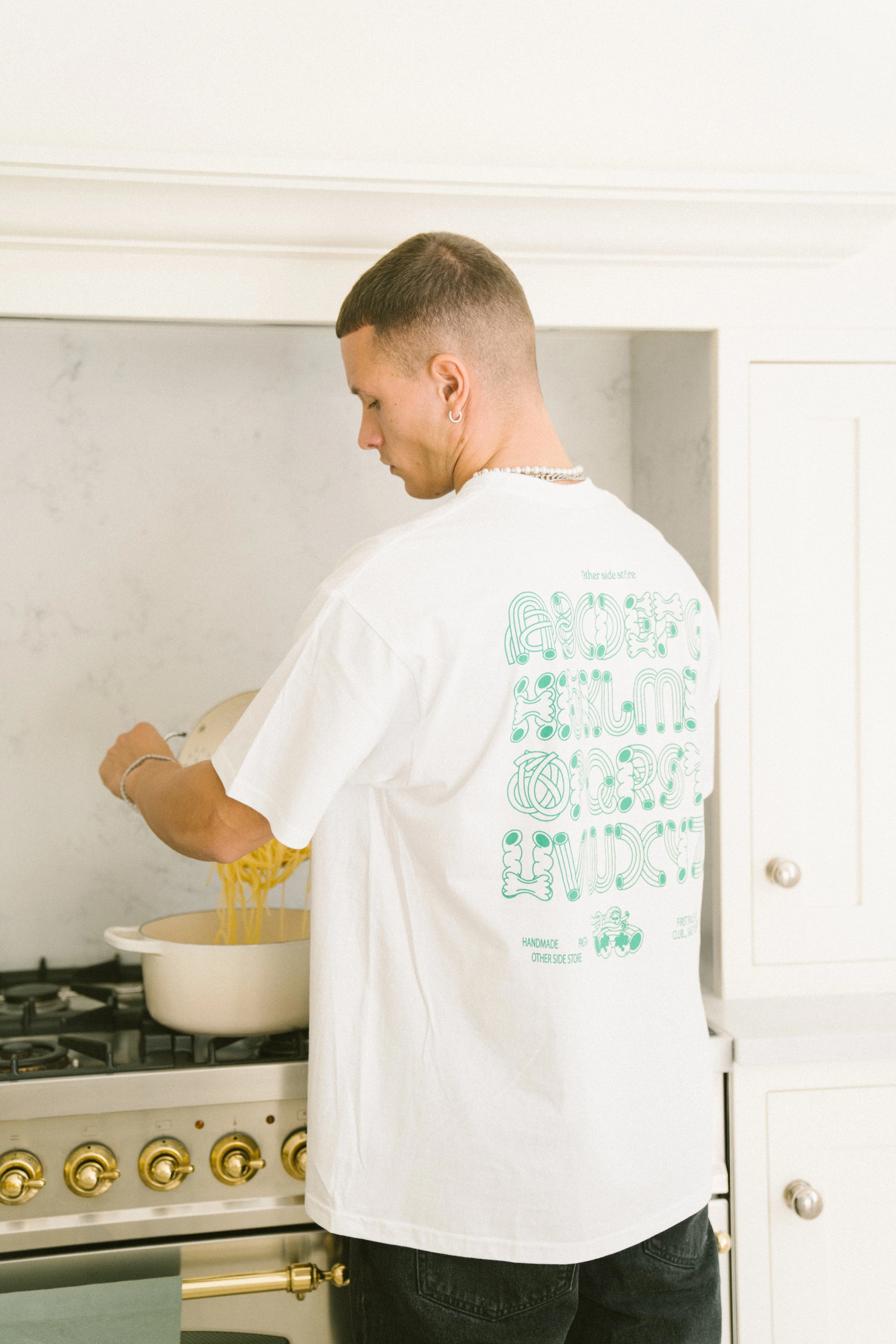 Other Side Store 'Pasta Club' Tee - White Eco Certified Fiber Circular Knit Design
