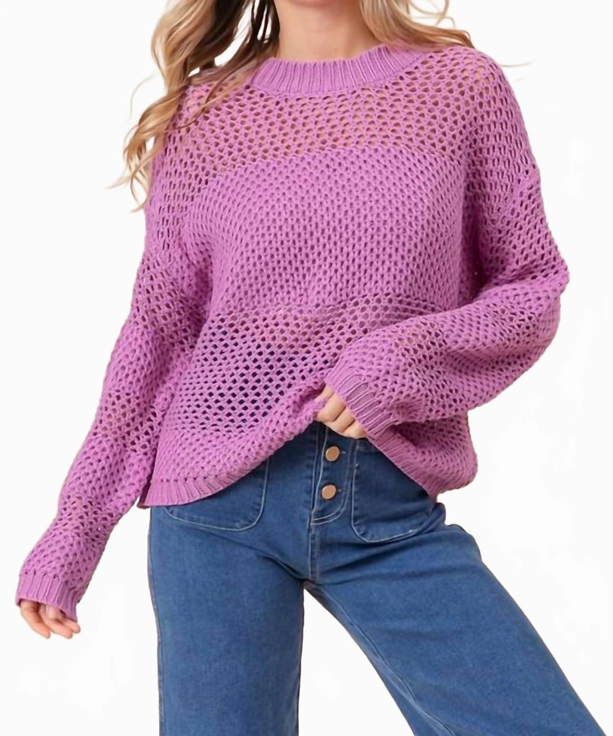 Open Knit Long Sleeve Sweater In Berry Soft Layer Layered Knit Style
