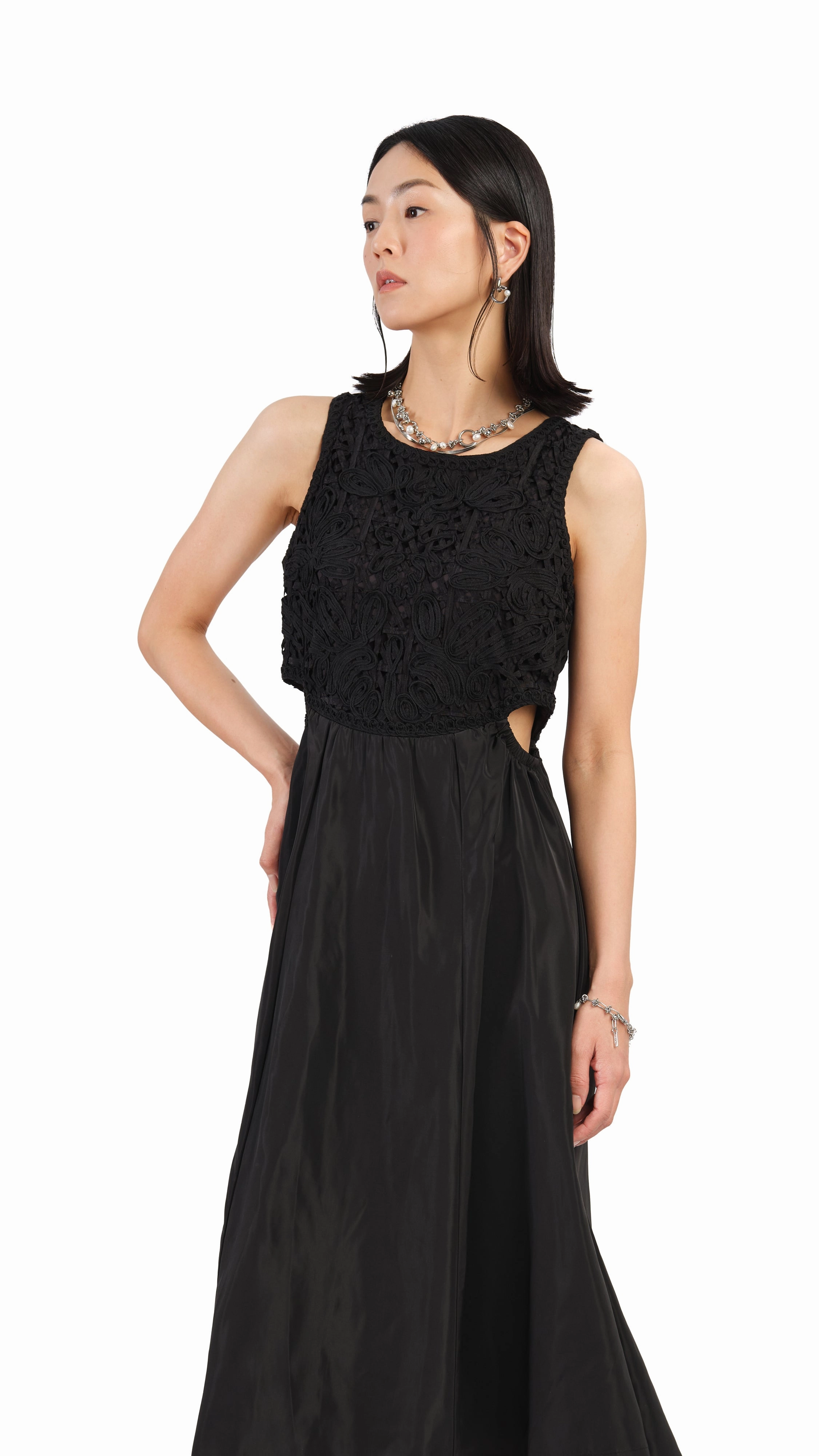 Smocked-Detail Flattering Lines Cord Embroidery Dress