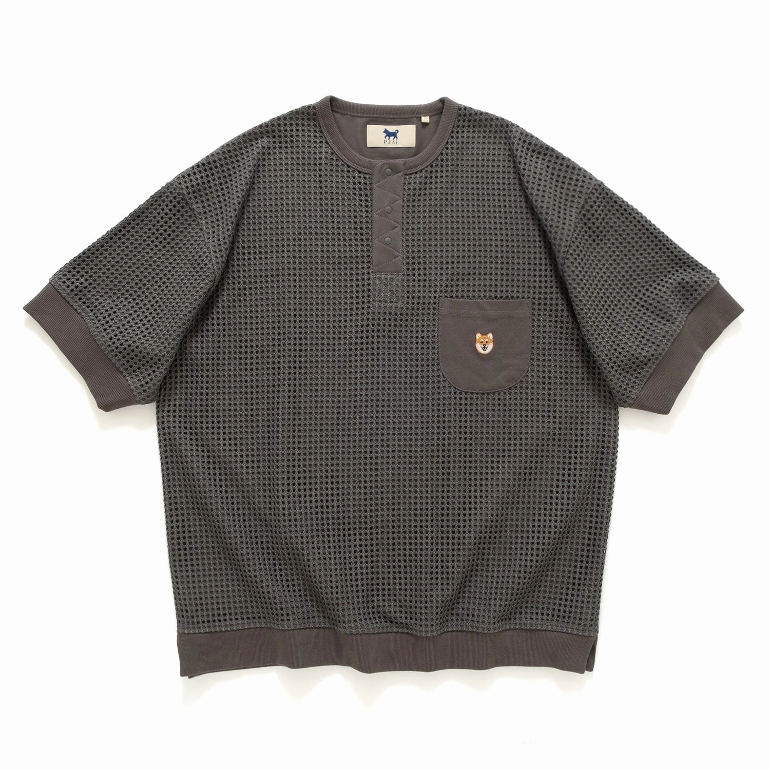 (TP1358) Mesh Patch Henley Neck Tee Anti Pilling Finish Loose Fit