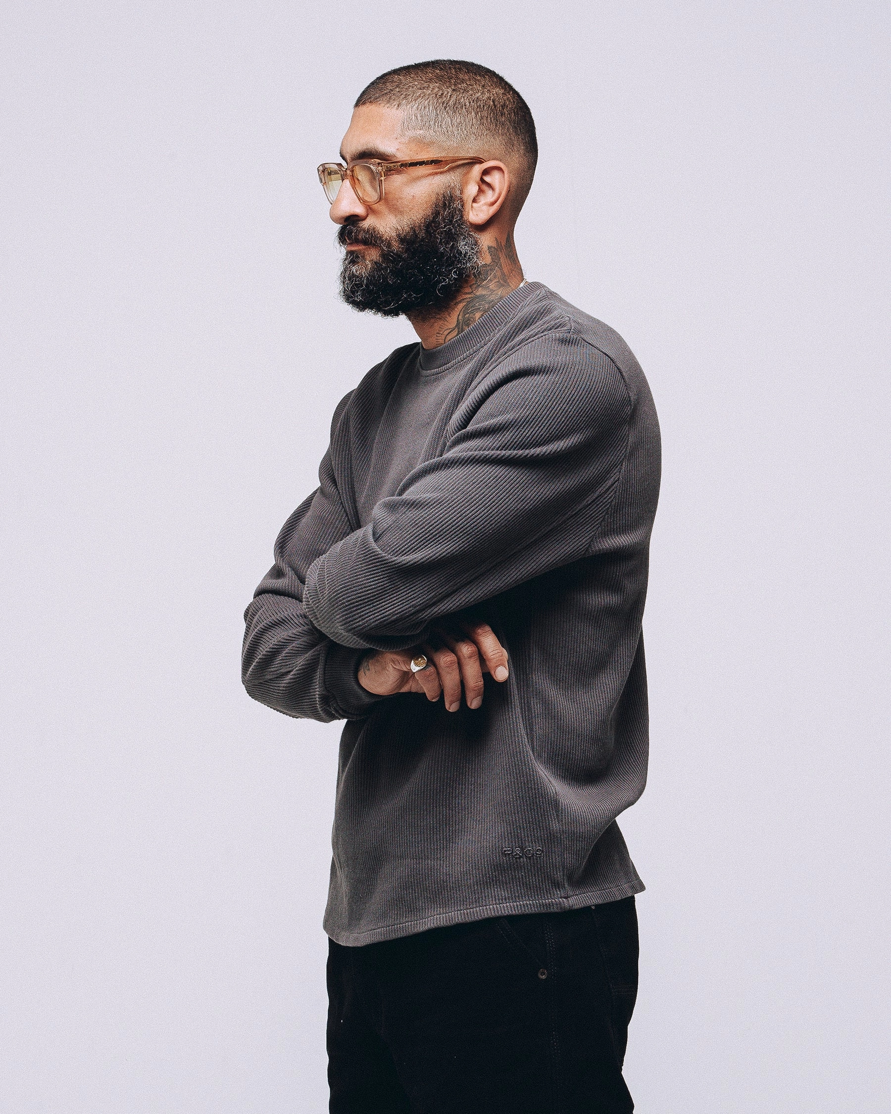 Crafted Ribbed Longsleeve - Charcoal Classic Fit Multi Panel Structure