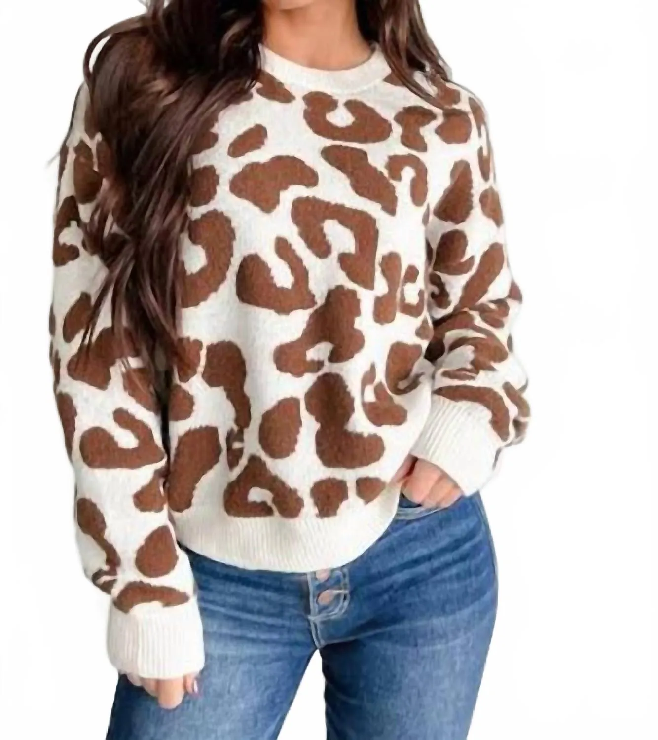 Cream/brown Animal Print Sweater Soft Knitwear