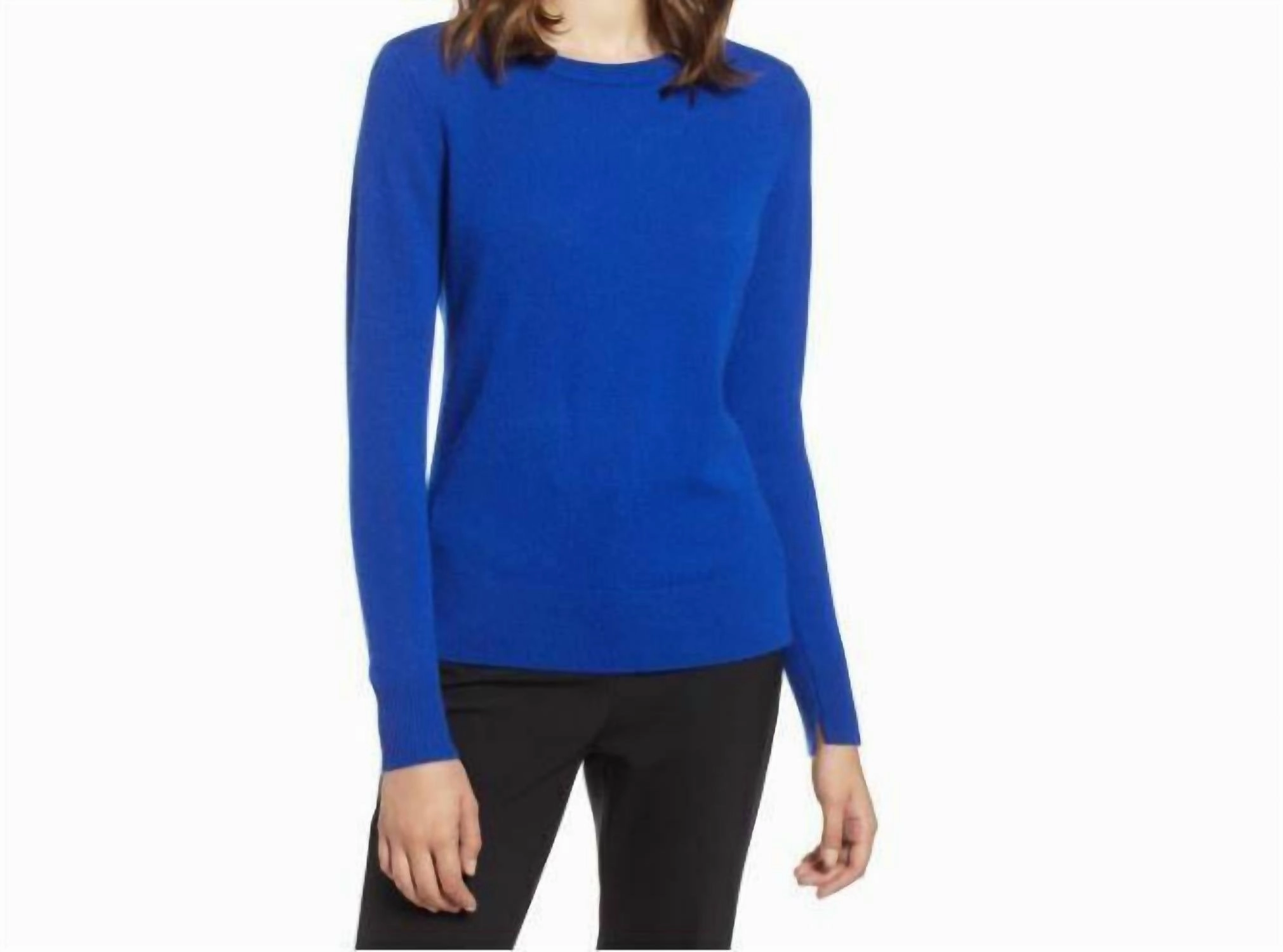 Winter Day Comfort Warm Fashion Crewneck Cashmere Lightweight Side Slits Mazarene Sweater In Blue