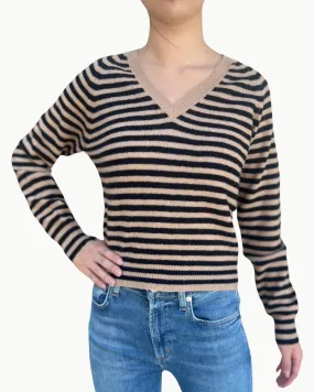 Crop Stripe V-Neck Sweater In Camel Black Layering Style