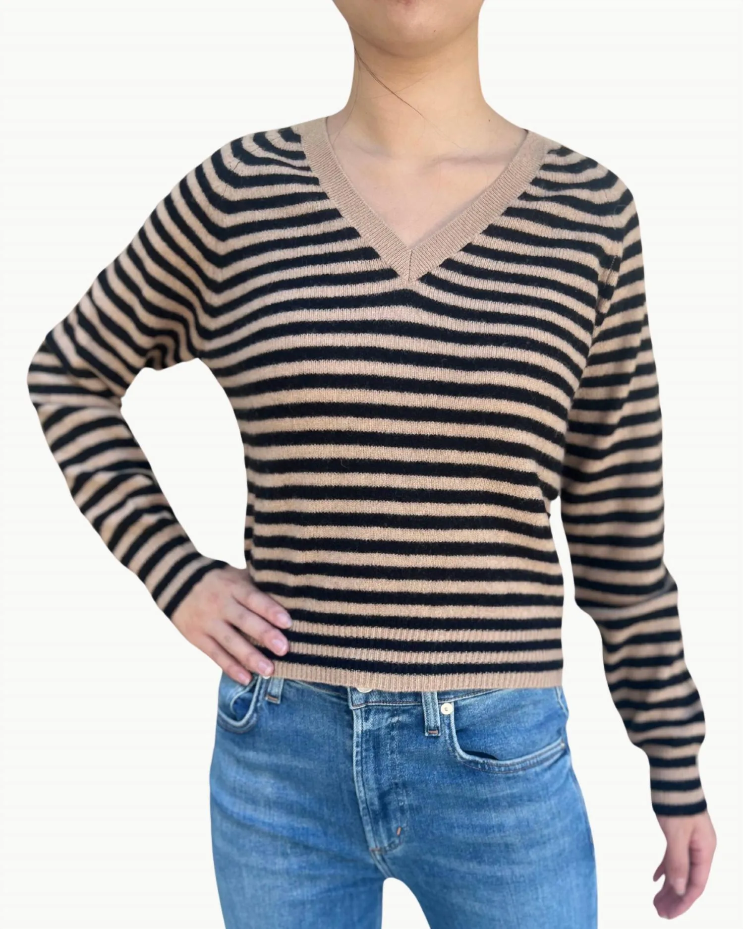 Crop Stripe V-Neck Sweater In Camel Black soft fit