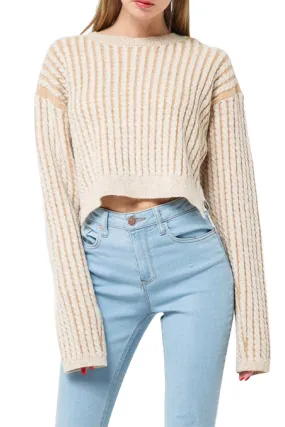 Cropped Cable-Knit Striped Sweater In Light Brown Stylish Design