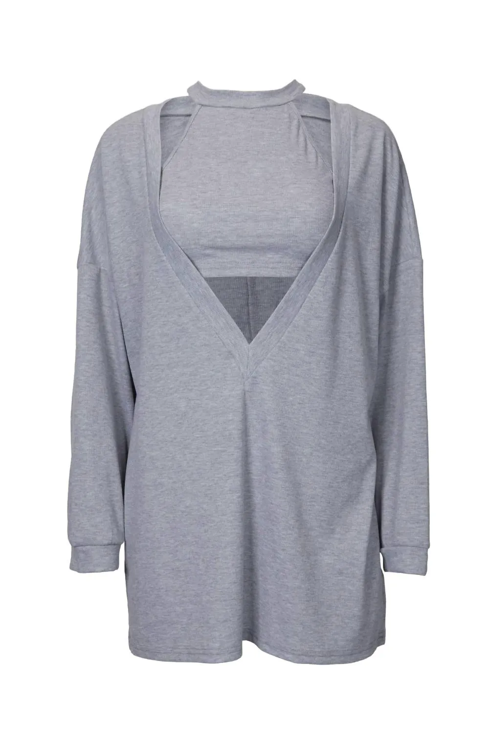 Natural Fiber Blend Cropped Tank And Pullover Two-Piece Set In Light Grey