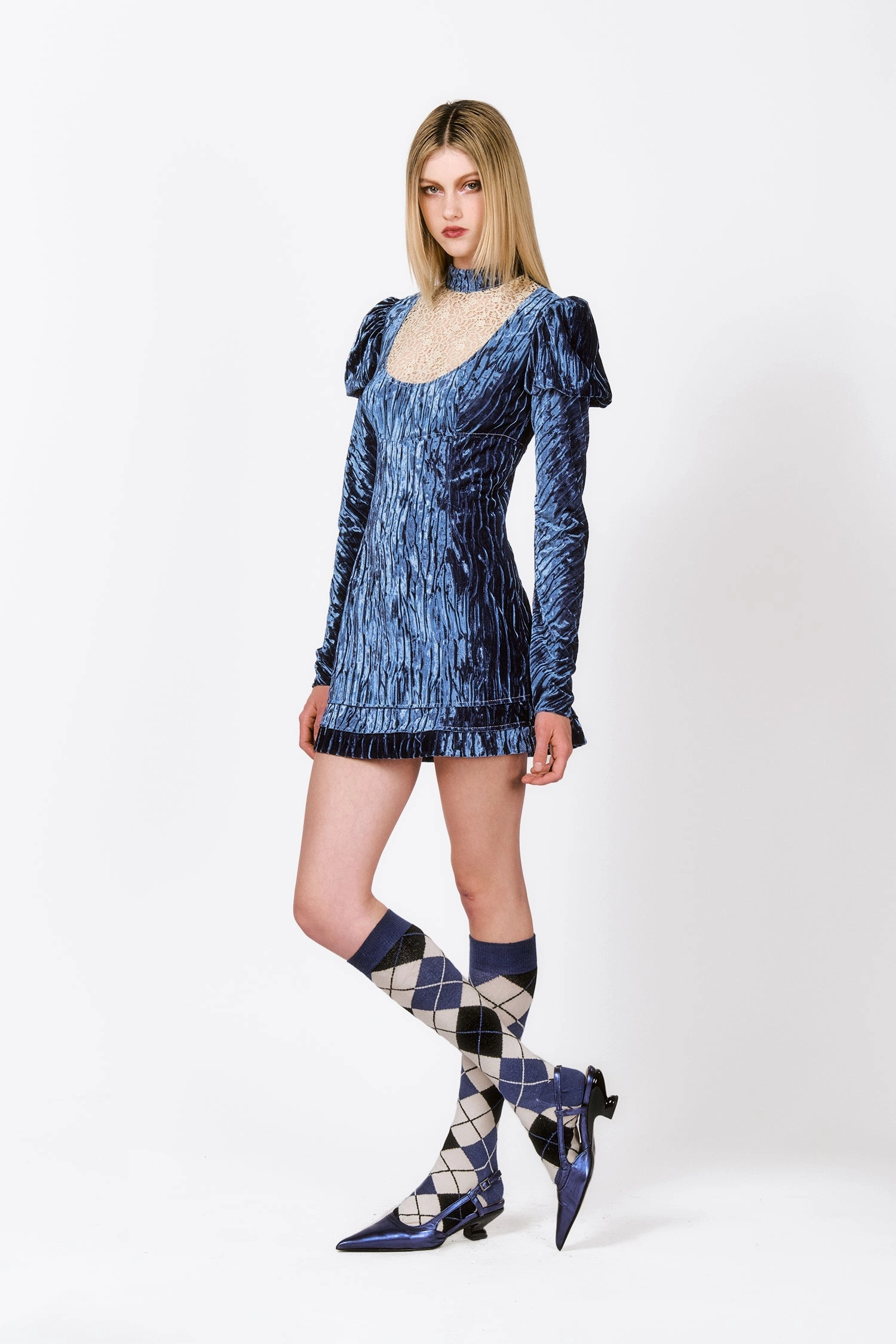 Dressy Yet Comfortable Crushed Velvet Cream Lace Mini Dress