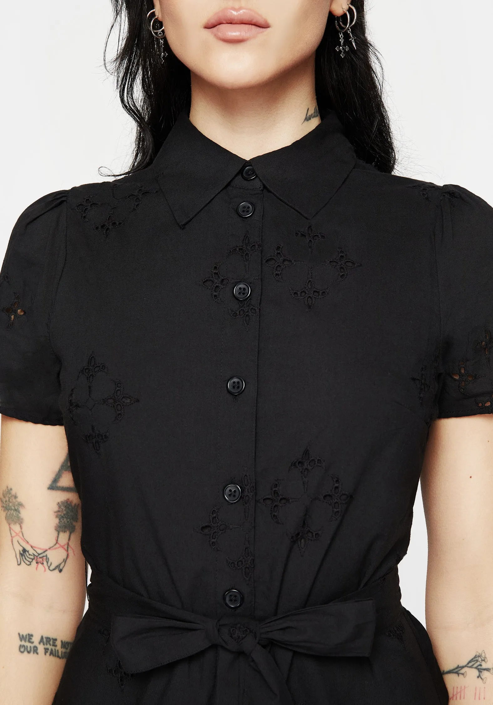 Organic-Fabric Harmonious Layers Crux Broderie Cotton Belted Mini Shirt Dress