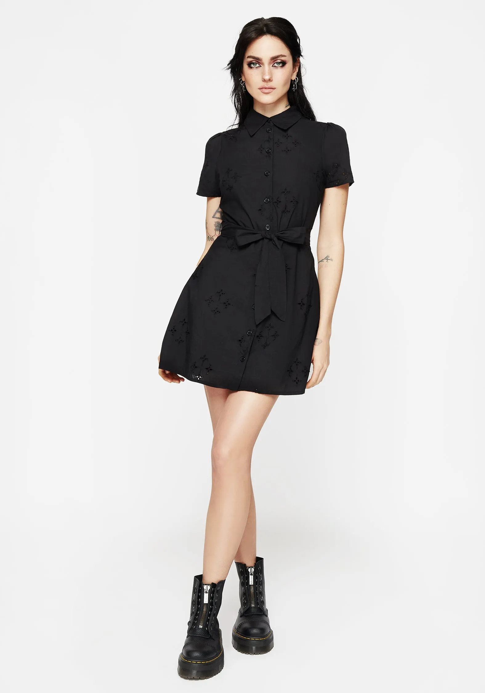 Crux Broderie Cotton Belted Mini Shirt Dress Smart Blend Breezy Style