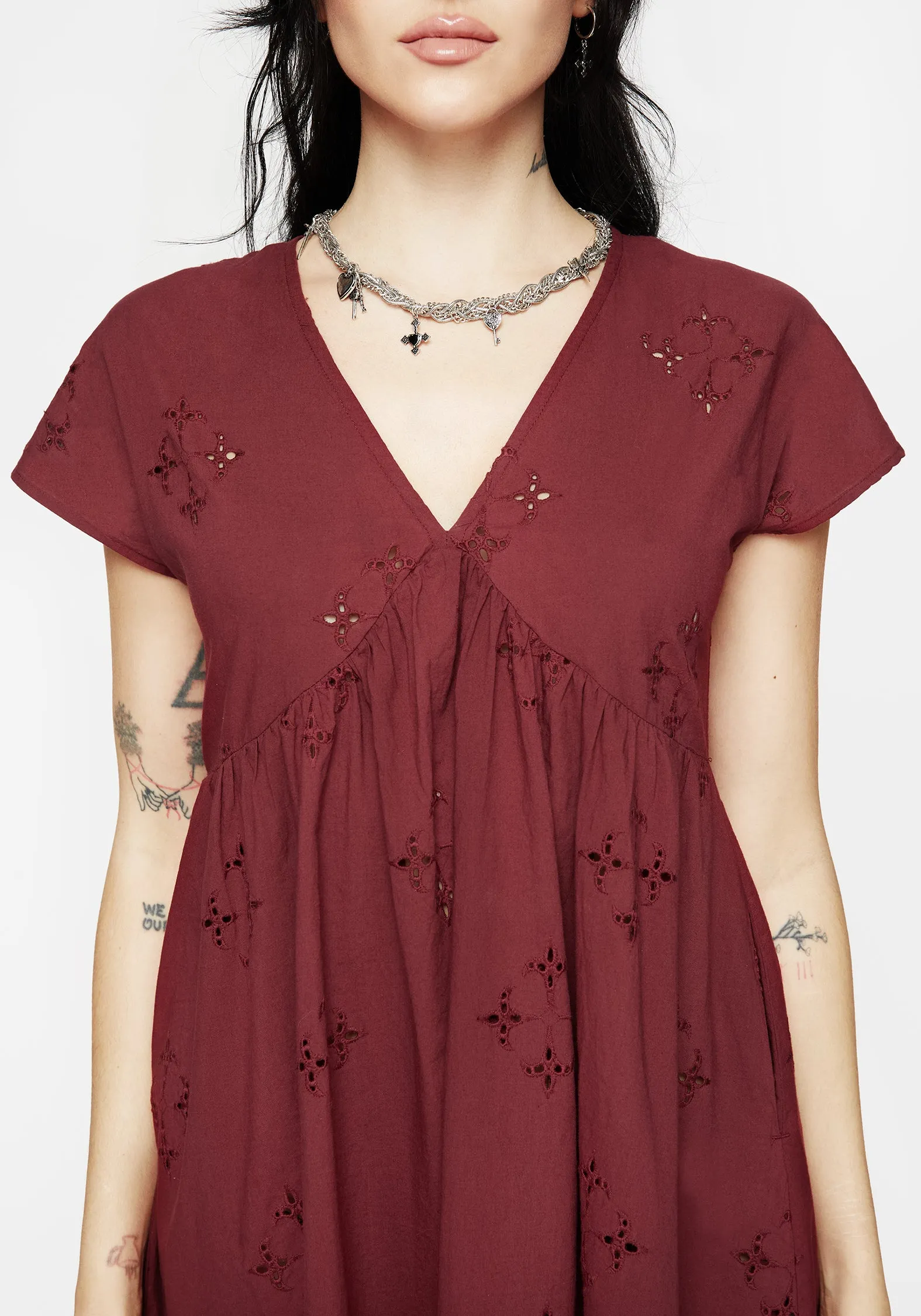 Crux Broderie Cotton Smock Mini Dress - Red Comfy Style Vibrant Form