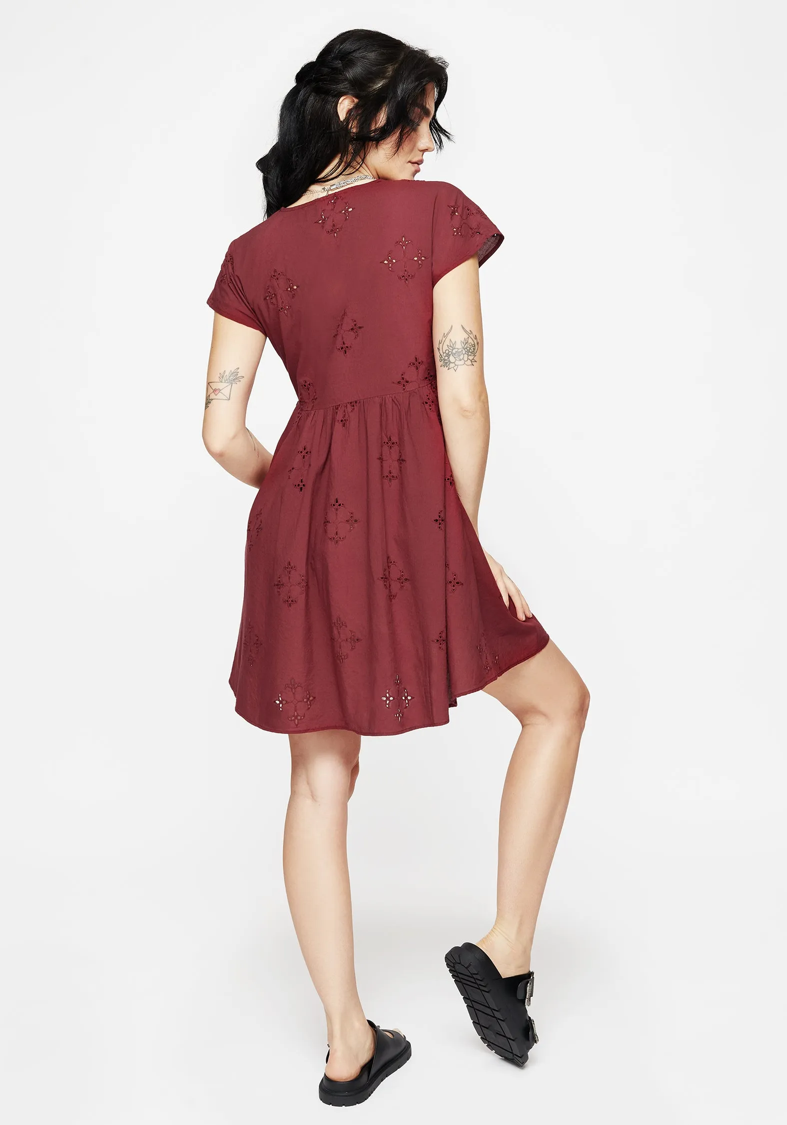 Crux Broderie Cotton Smock Mini Dress - Red Fitted Mood Polished Details