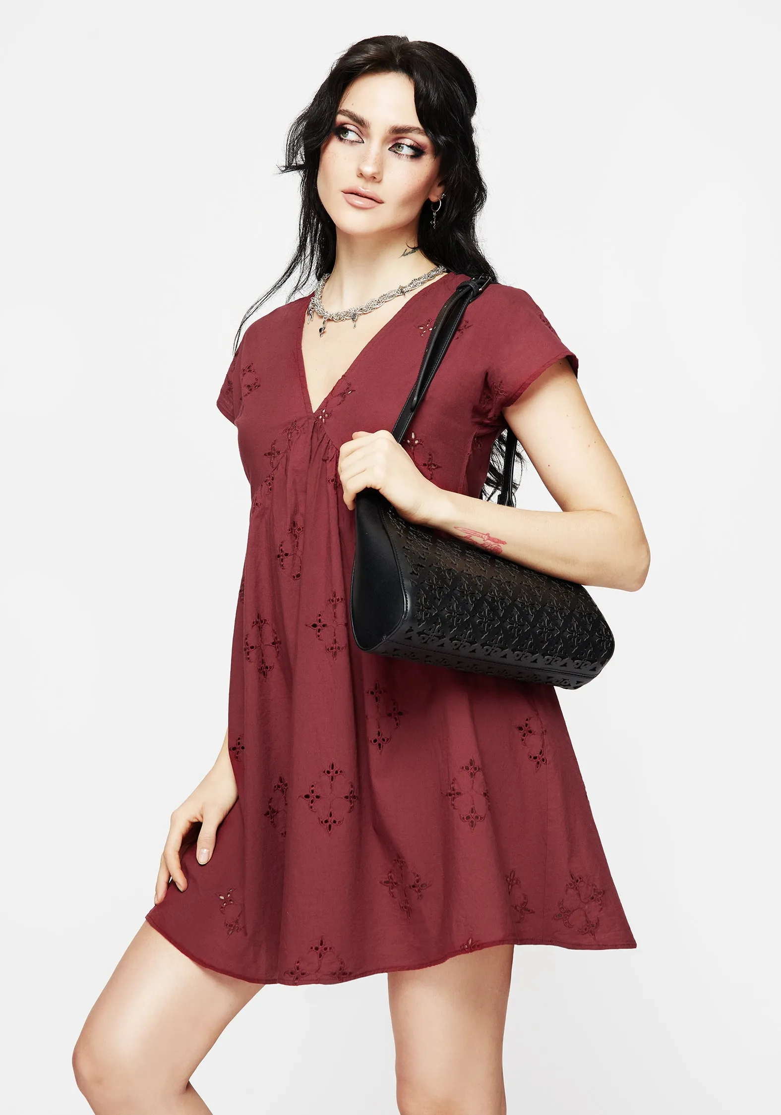 Crux Broderie Cotton Smock Mini Dress - Red Easy Comfort Cool Finish
