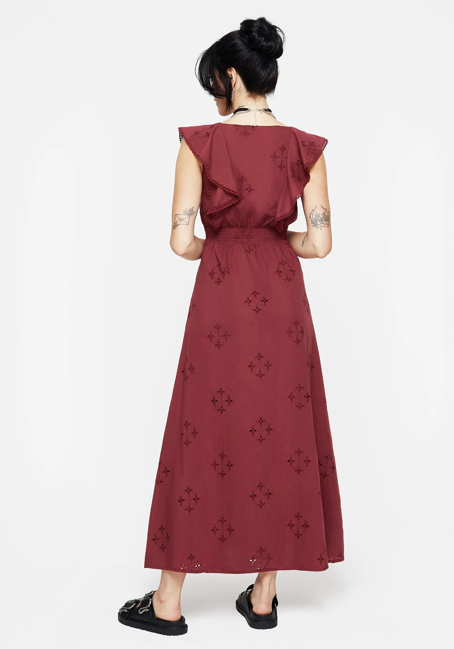 Fall Comfort Calm Lines Crux Broderie Cotton V-Neck Frill Maxi Dress