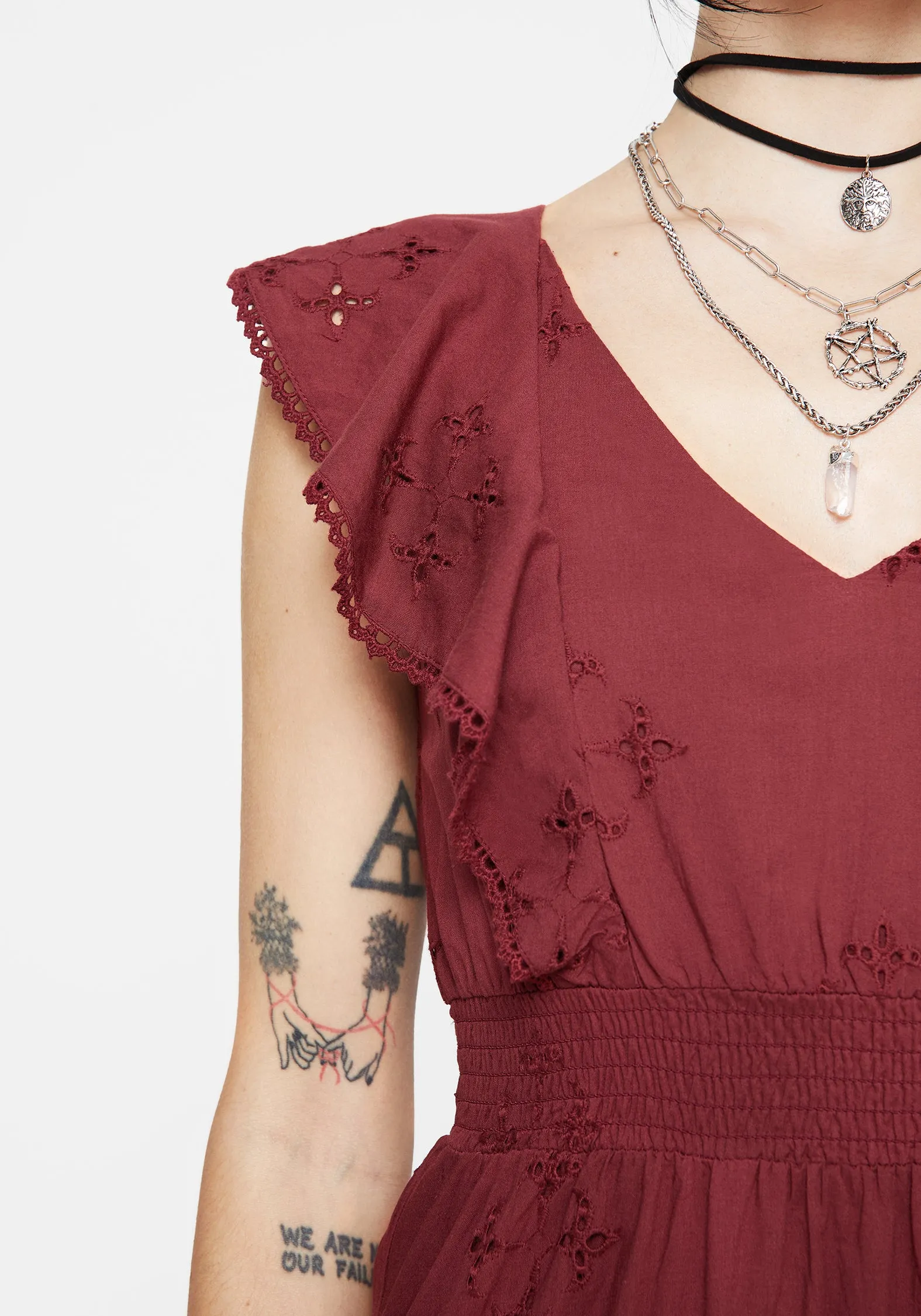 Crux Broderie Cotton V-Neck Frill Maxi Dress Shiny surface