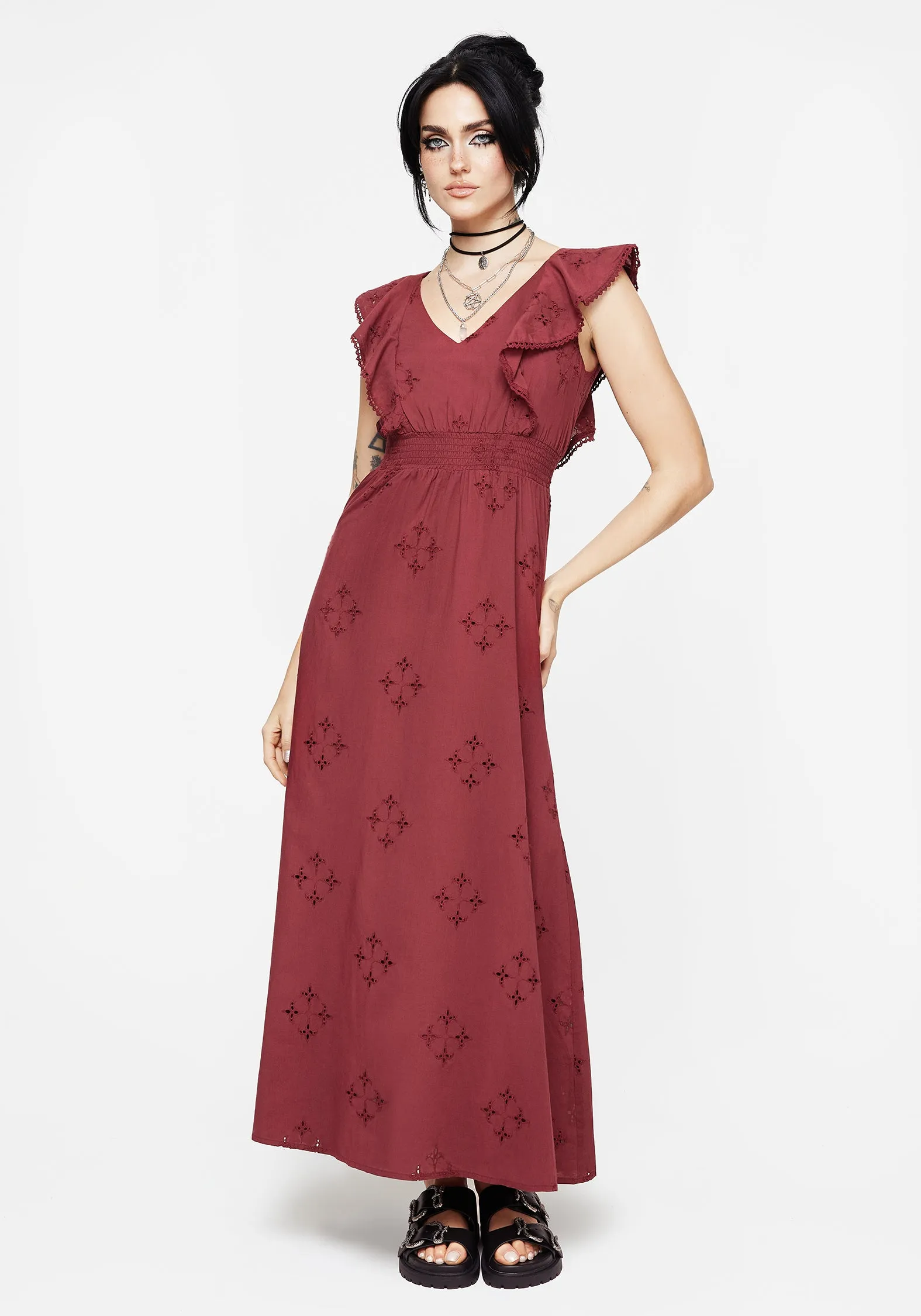 Cozy And Stylish Crux Broderie Cotton V-Neck Frill Maxi Dress