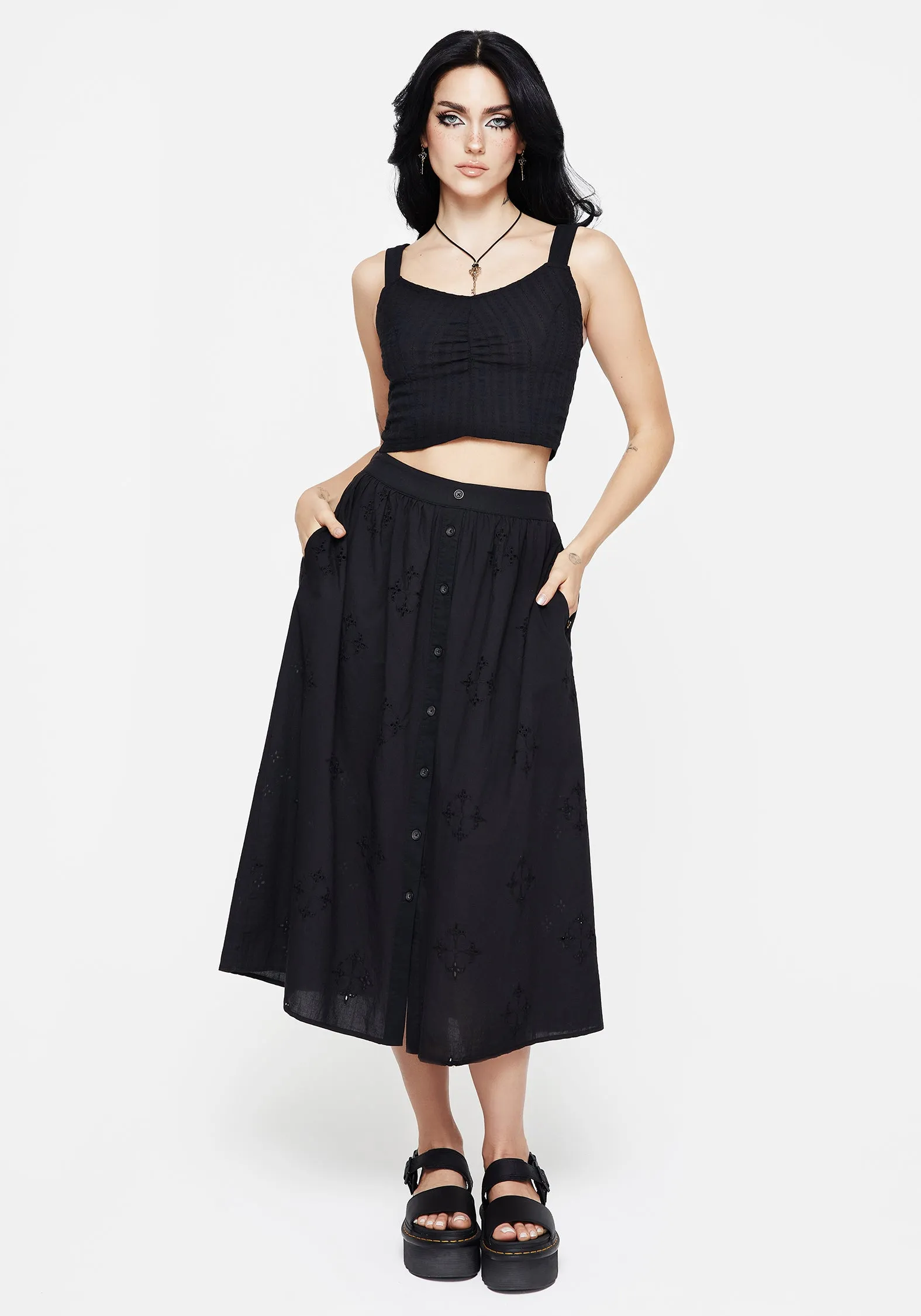 Crux Broiderie Cotton Button Up Midi Skirt Budget Friendly