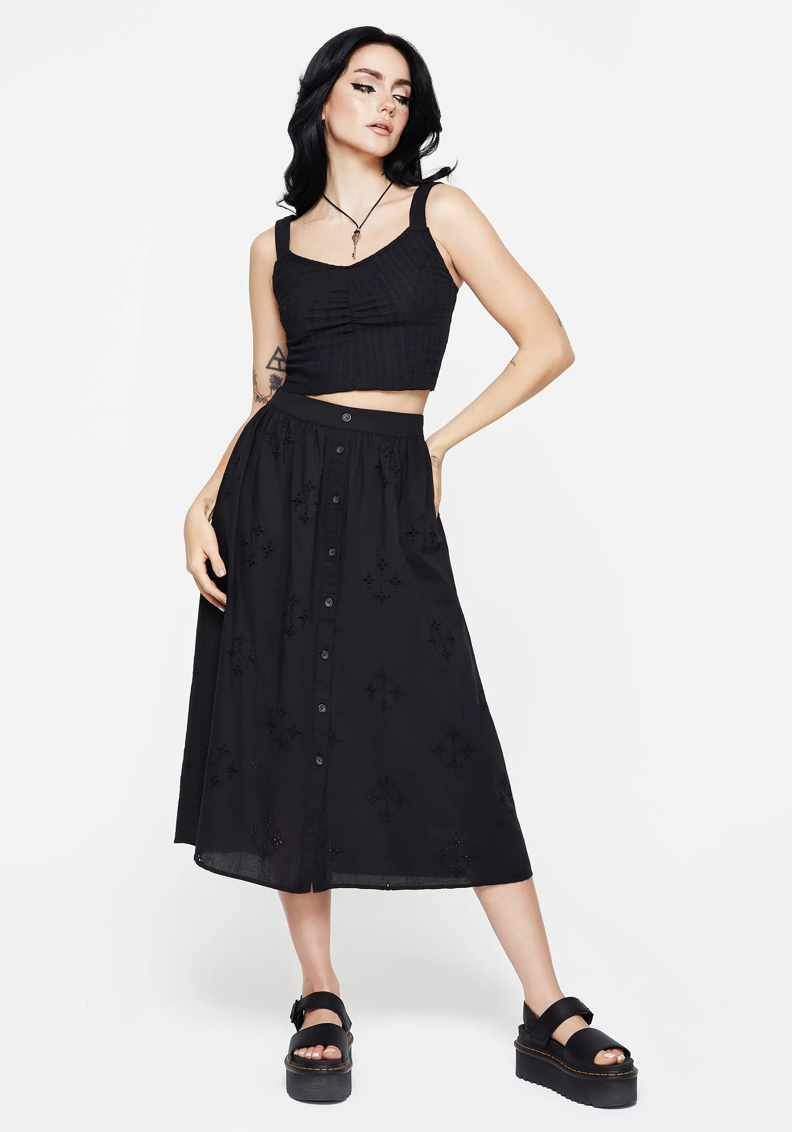 premium fabric Crux Broiderie Cotton Button Up Midi Skirt