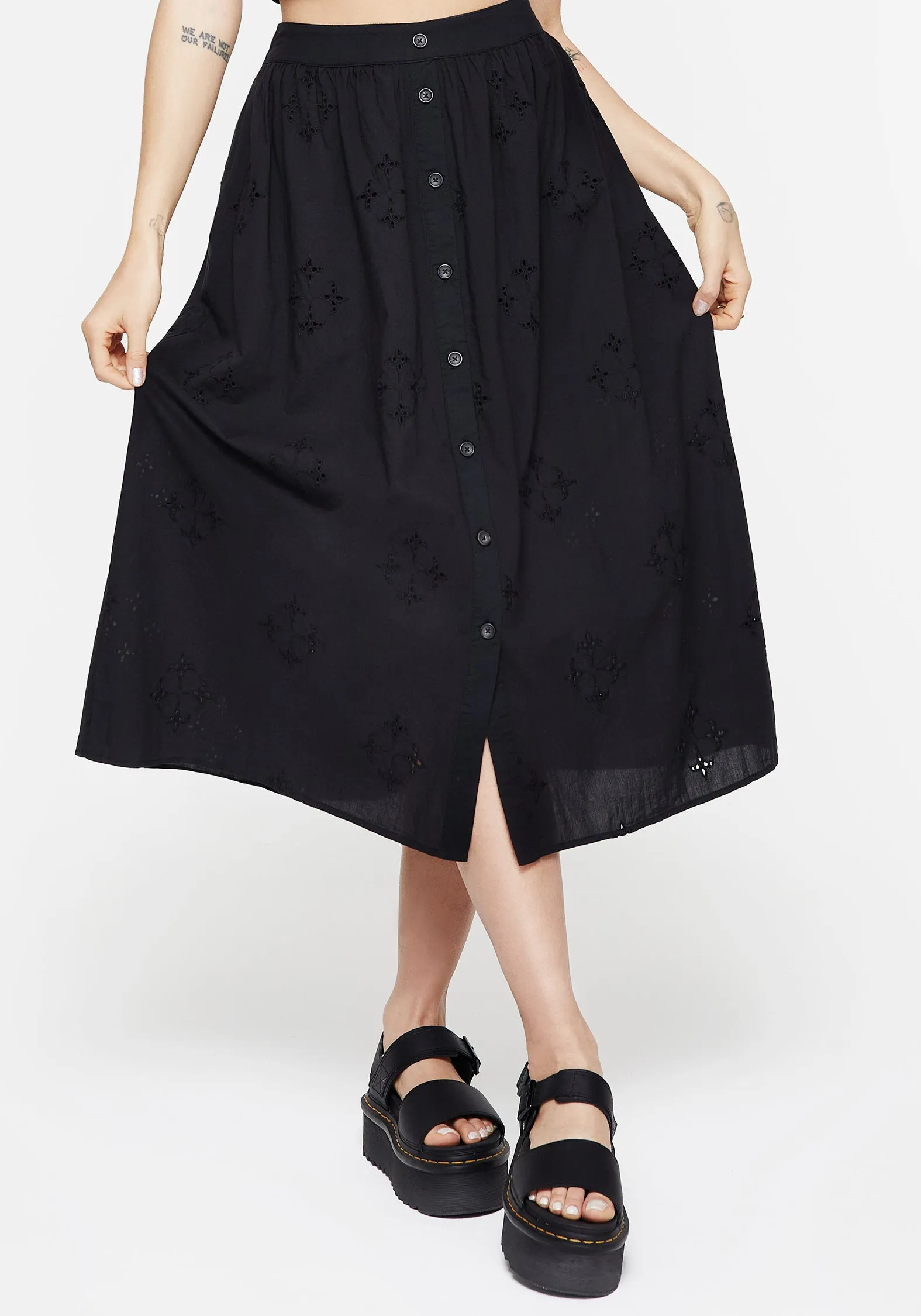 Hand Stitched Crux Broiderie Cotton Button Up Midi Skirt