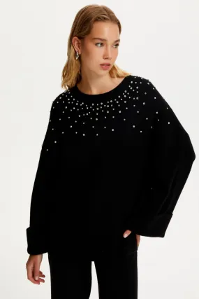 Crystal Stone Detailed Knit Sweater Comfy Material