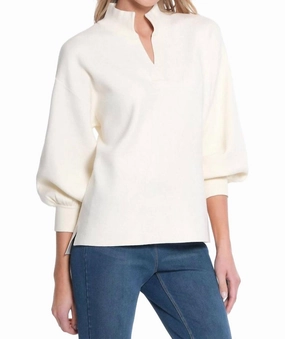 Cuffed 3/4 Sleeve Drop Shoulder Sweater In Winter White Cold-weather knit