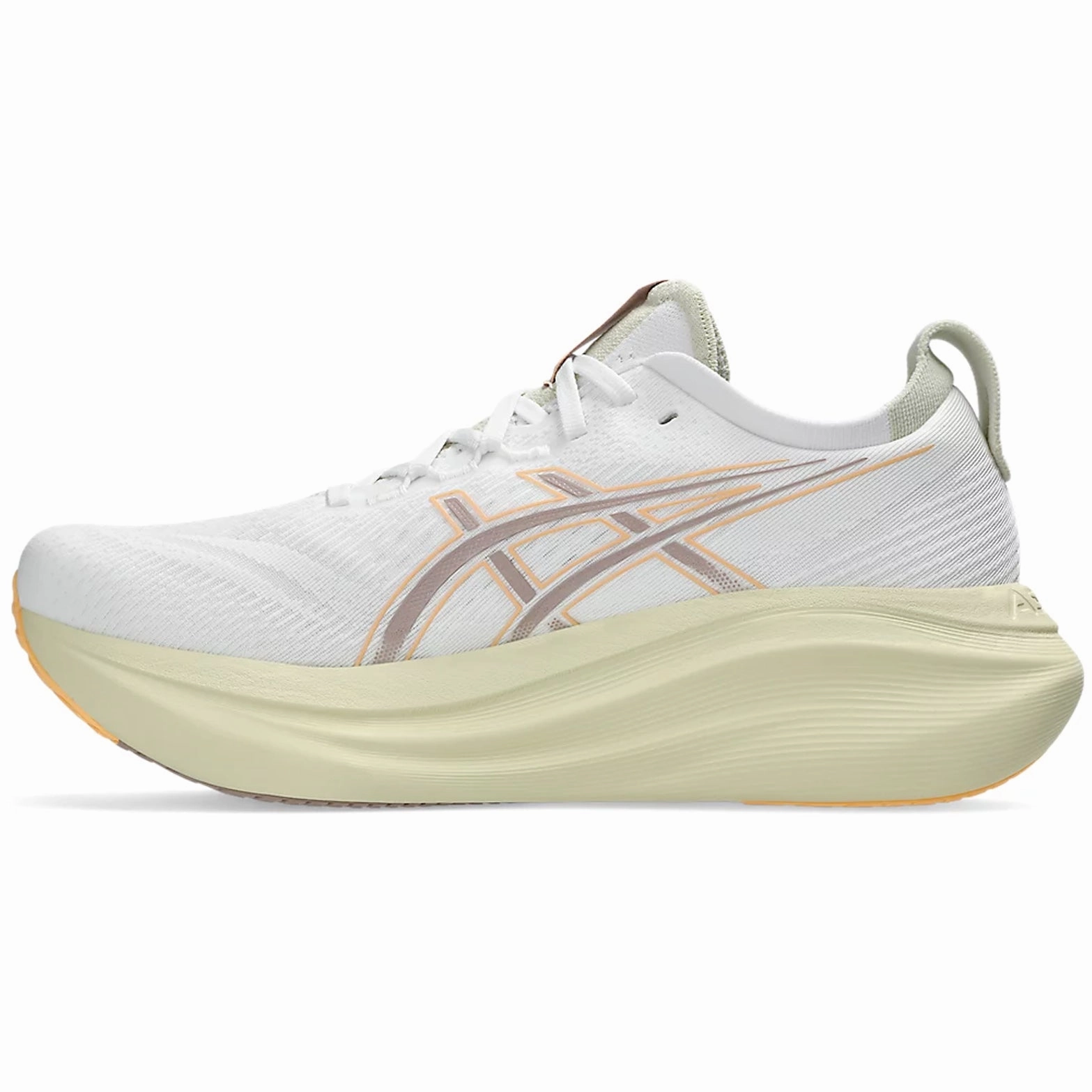 Men's Gel-Nimbus 27 Running Shoes White / Fawn running with a foam midsole