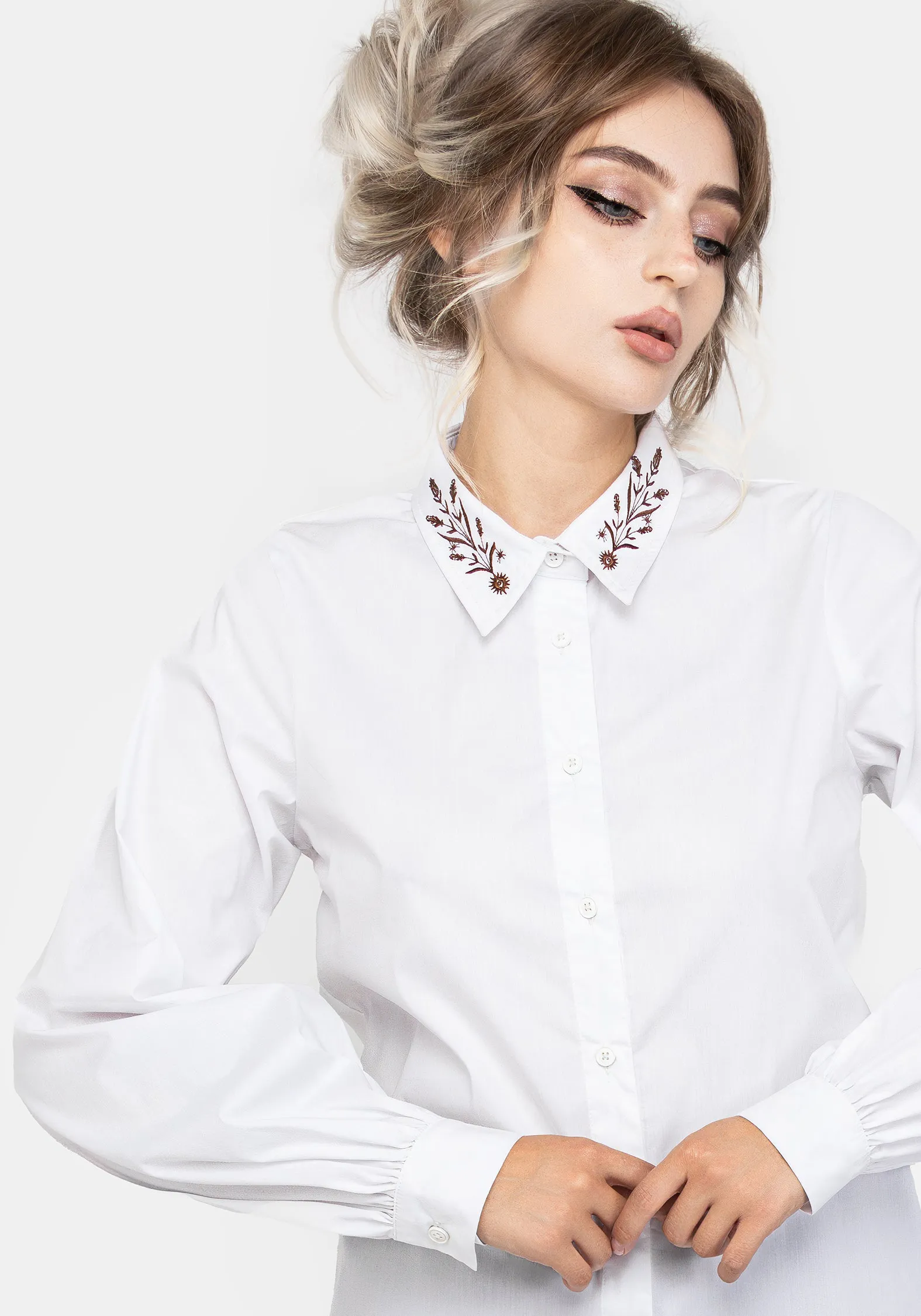 Solid Color High End Product Cybele Embroidered Button Up Shirt