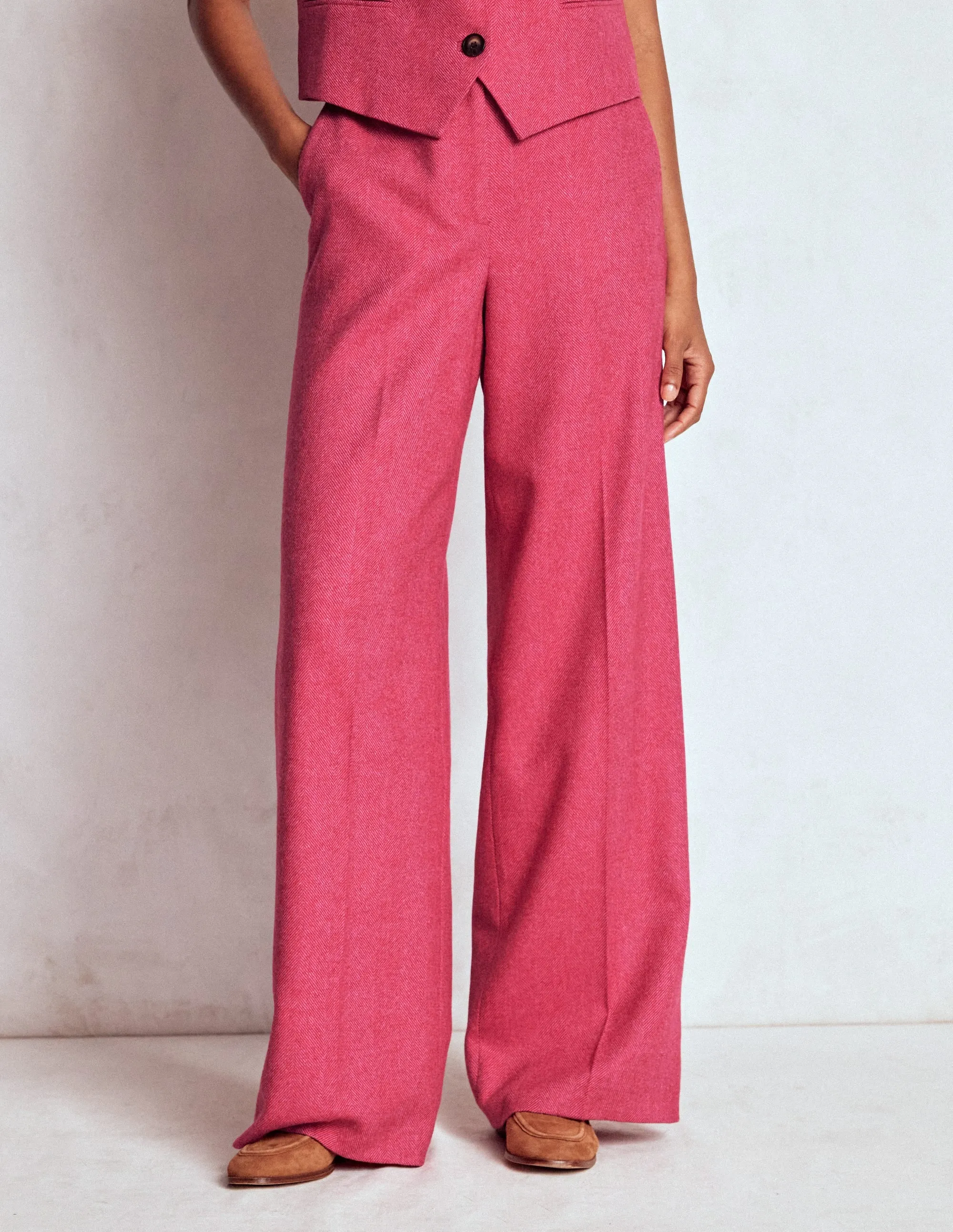 Chilly Weather Wear Belgravia Wool Trousers-Red and Pink Wide Herringbone