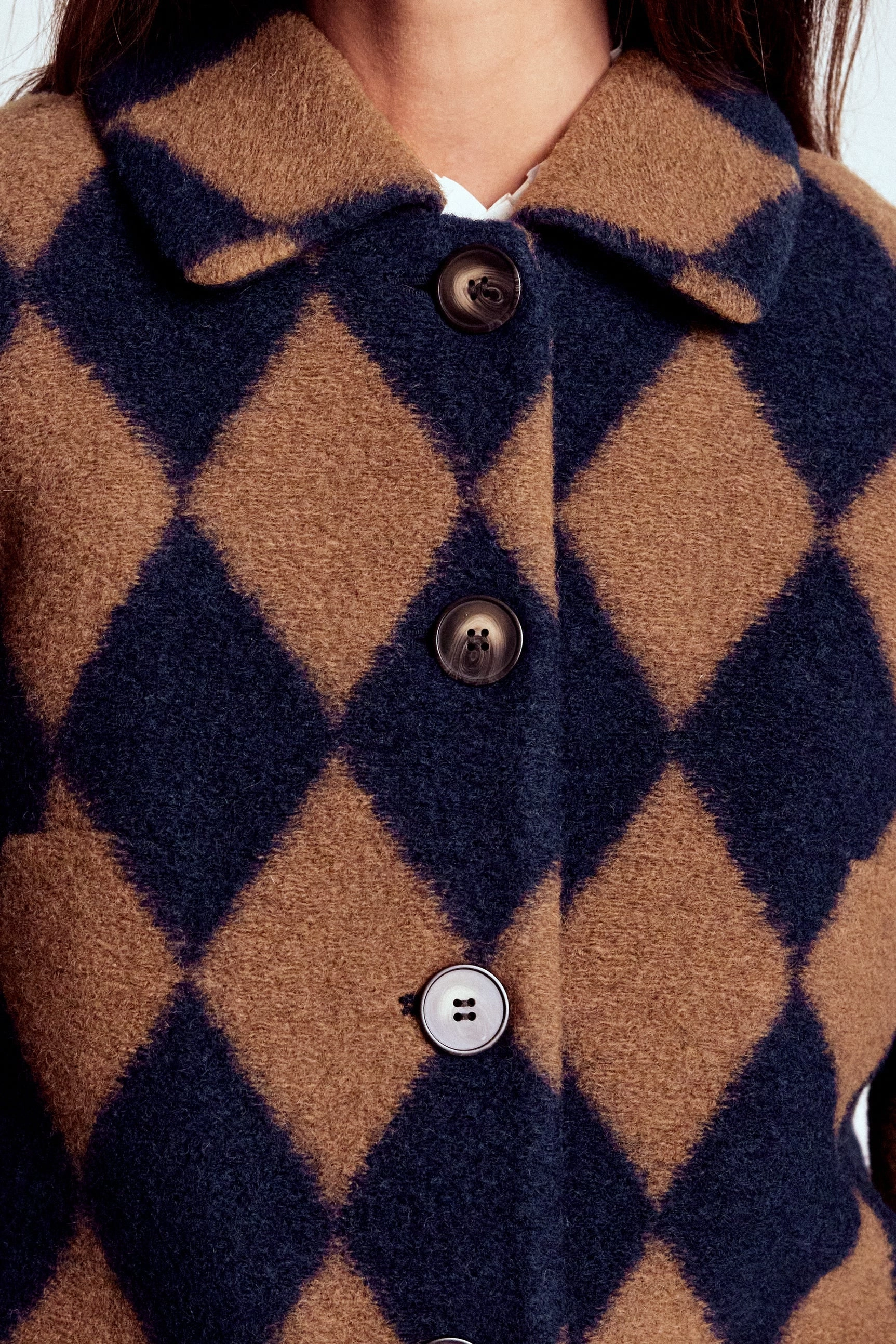 Edinburgh Swing Coat-Camel and Navy Argyle Adjustable Cuff