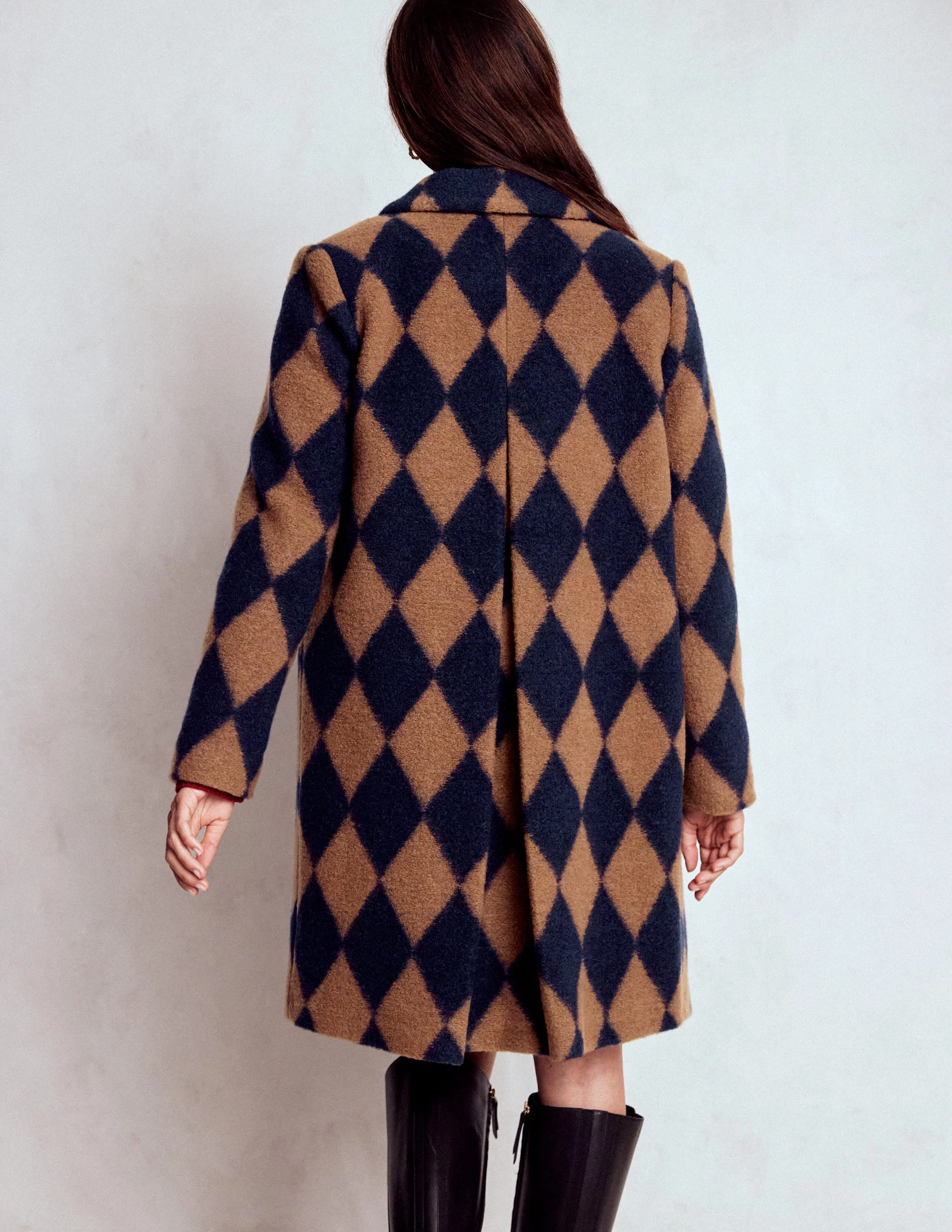 Edinburgh Swing Coat-Camel and Navy Argyle HighNeckDesign