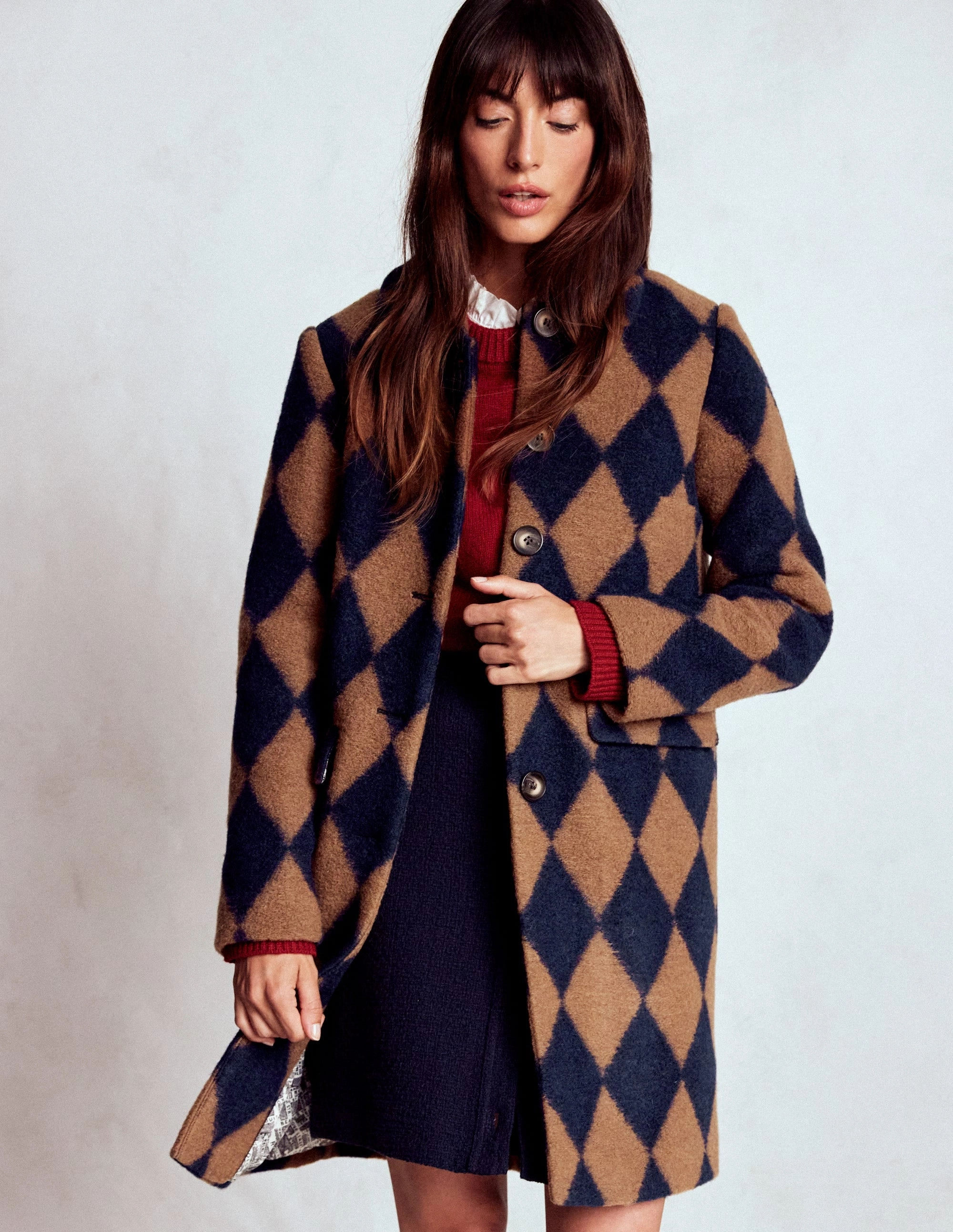Edinburgh Swing Coat-Camel and Navy Argyle Elastic Cuff Adjustment Ergonomic Tailoring