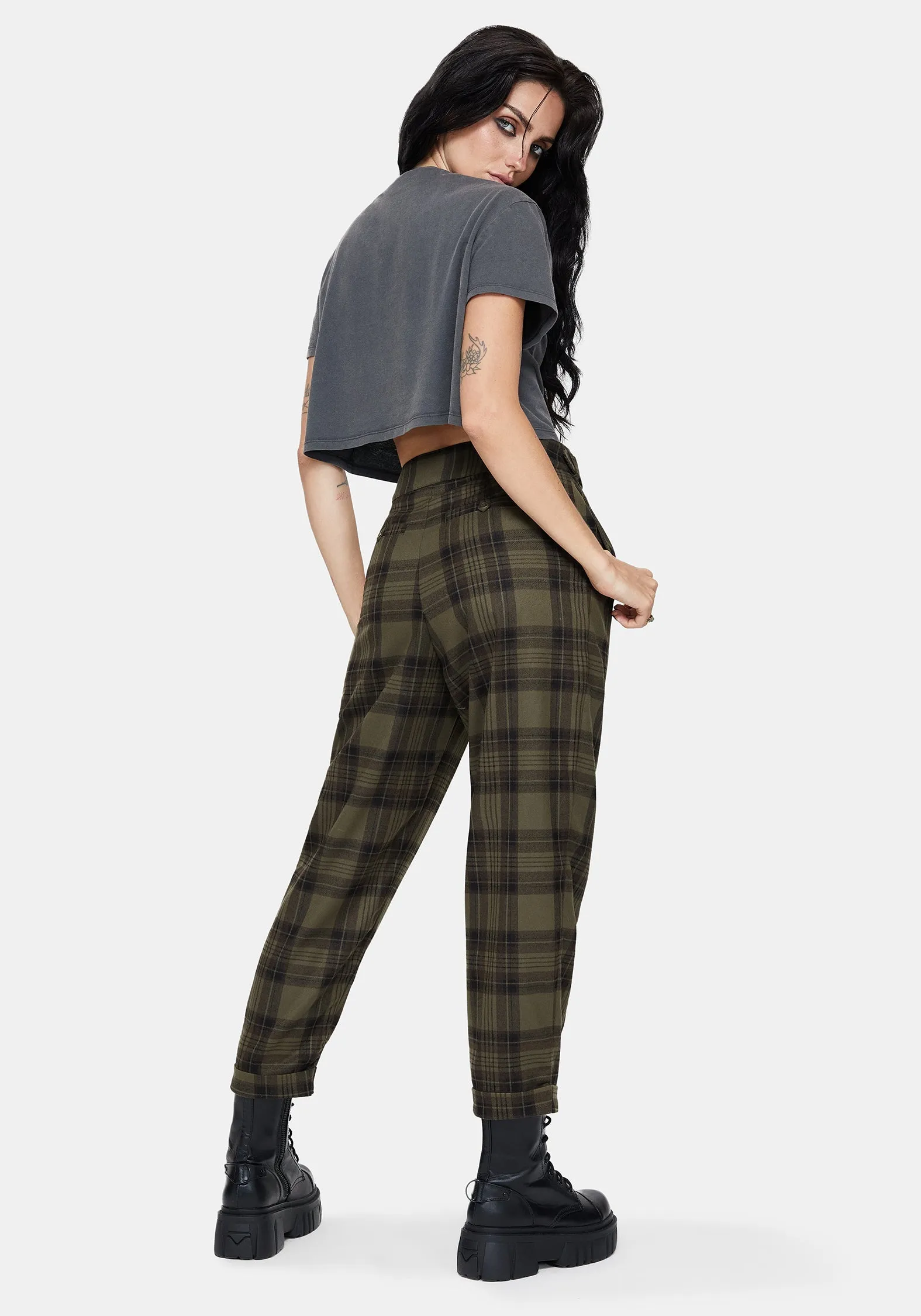 High Stretch Fit Dali Buckle Detail Check Balloon Trousers