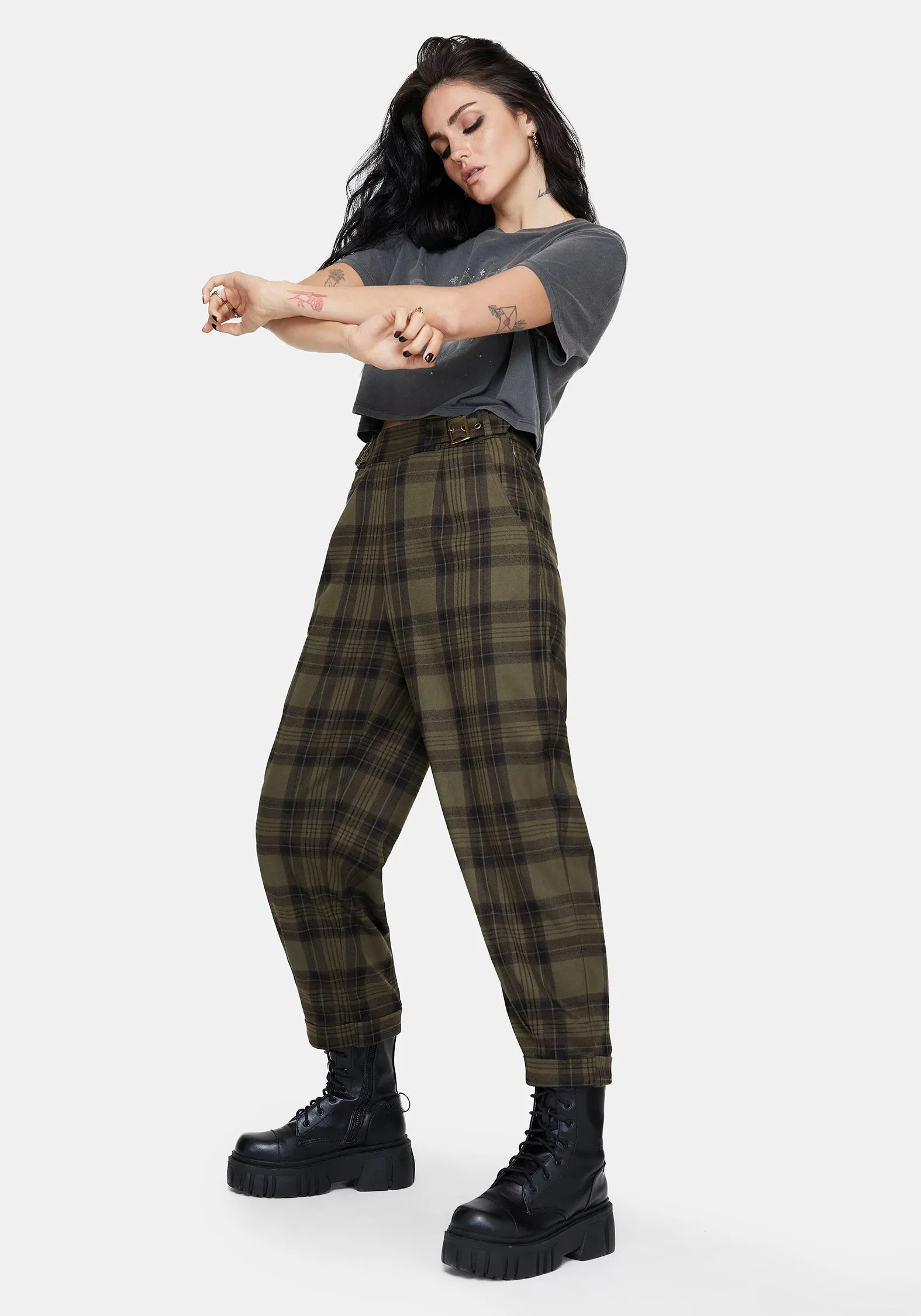 Quick Wash Fit Flex Dali Buckle Detail Check Balloon Trousers