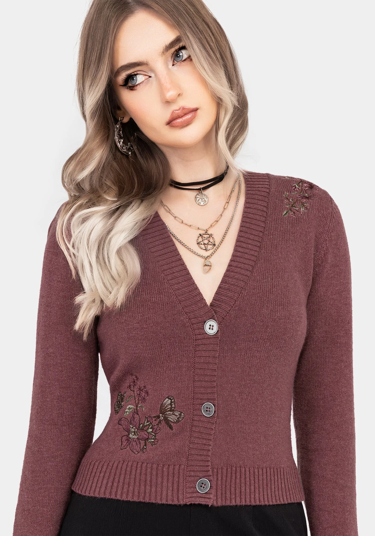 Regular - size Dana Floral Moth Embroidered Cardigan - Purple