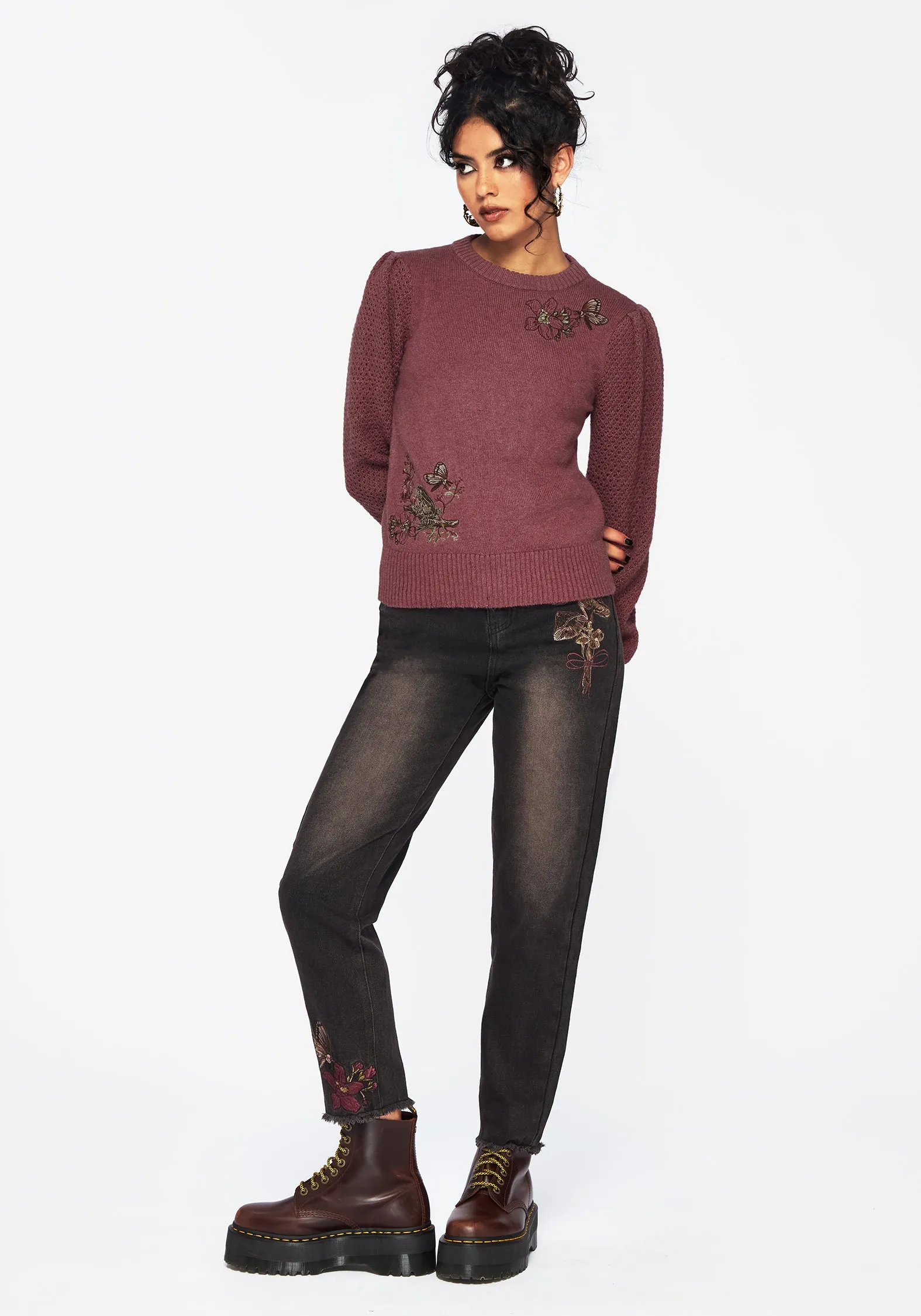 Blended Dana Floral Moth Embroidered Jumper - Purple