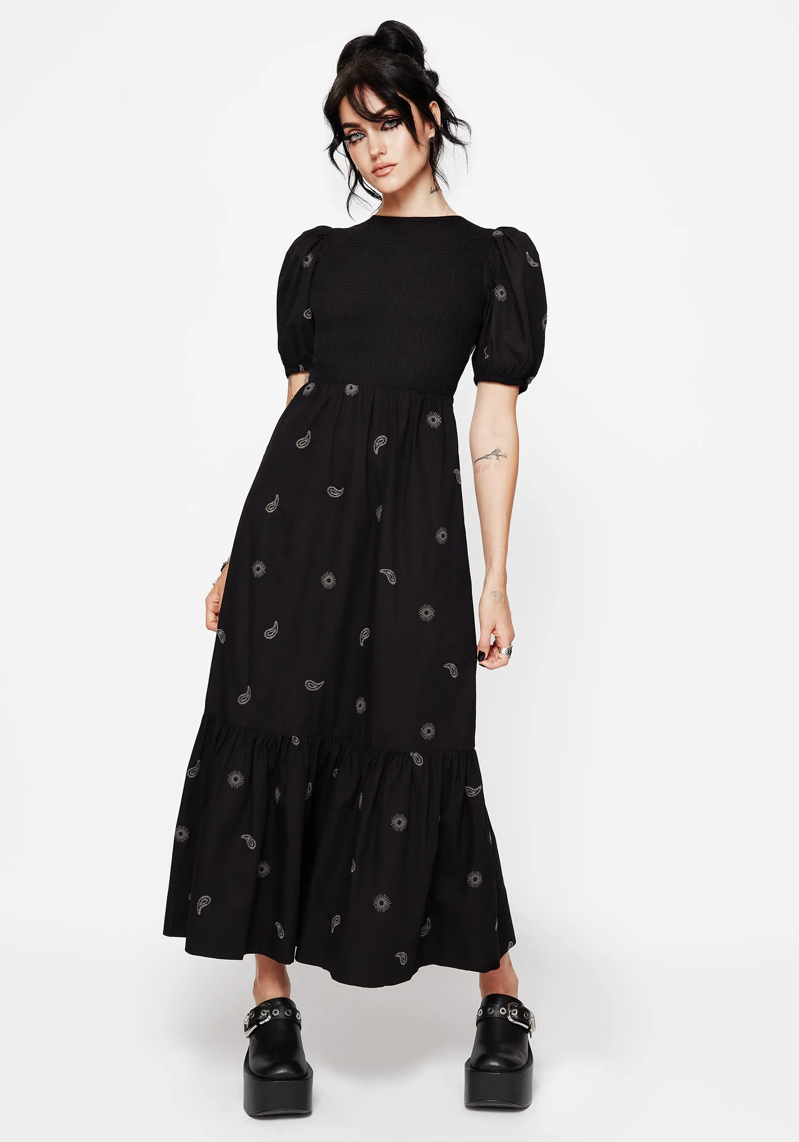 Chic Rhythm Dawn Sun Embroidered Tiered Maxi Dress