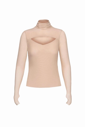 Temperature Regulating Fibers Dawn Power Mesh Turtleneck Top In Tan