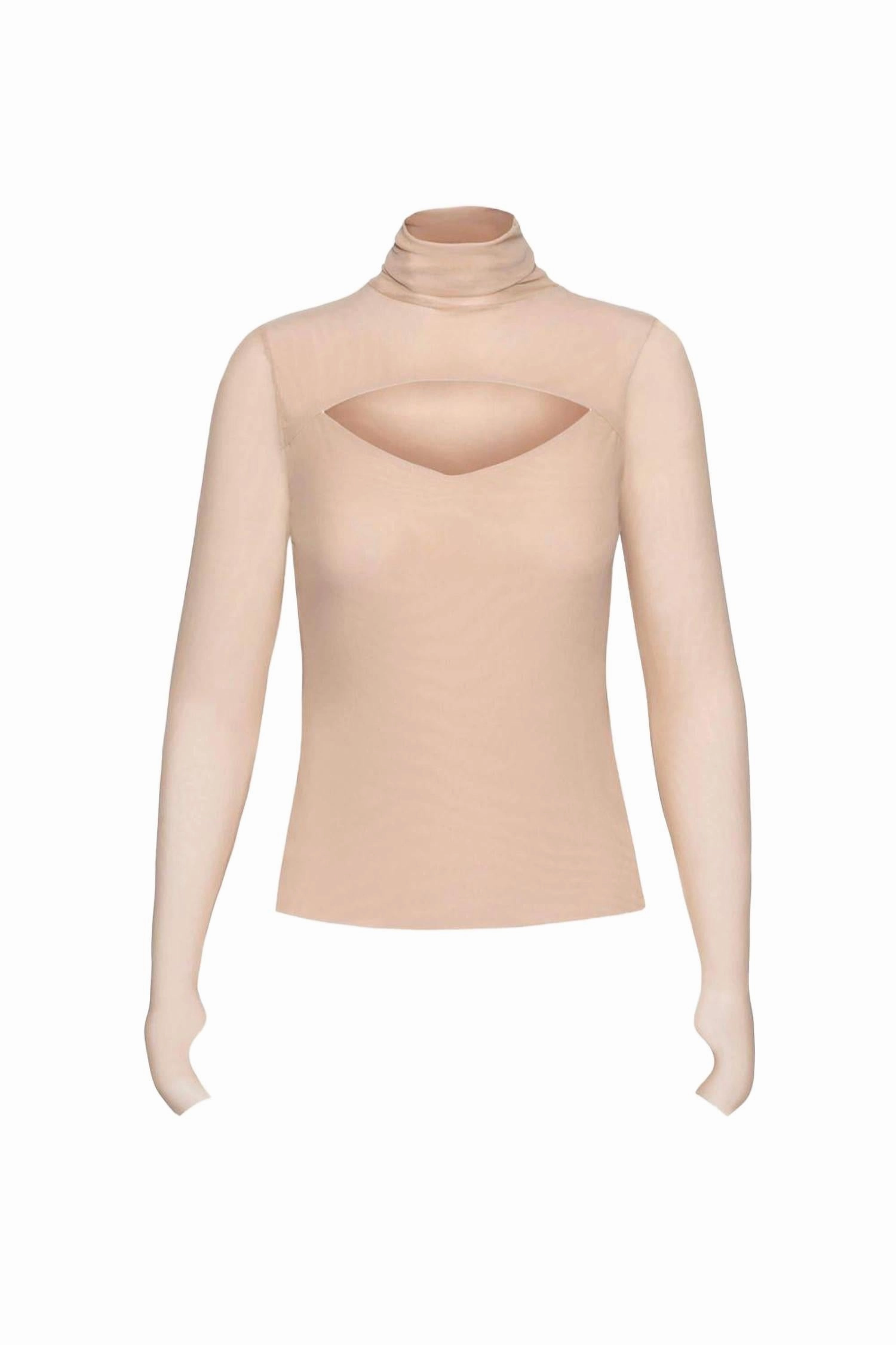 Dawn Power Mesh Turtleneck Top In Tan Modern Look
