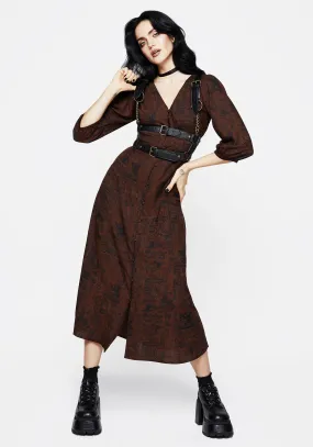 Comfortable Layer Daemonologie Woodcut Print Button Up Midaxi Dress
