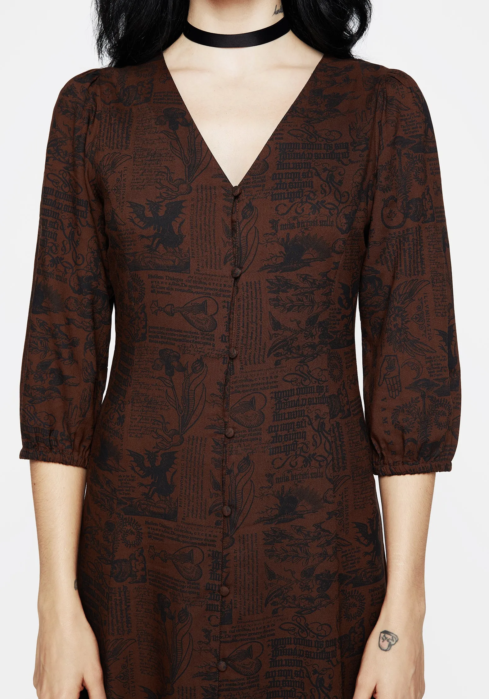 Stylish Touch Daemonologie Woodcut Print Button Up Midaxi Dress