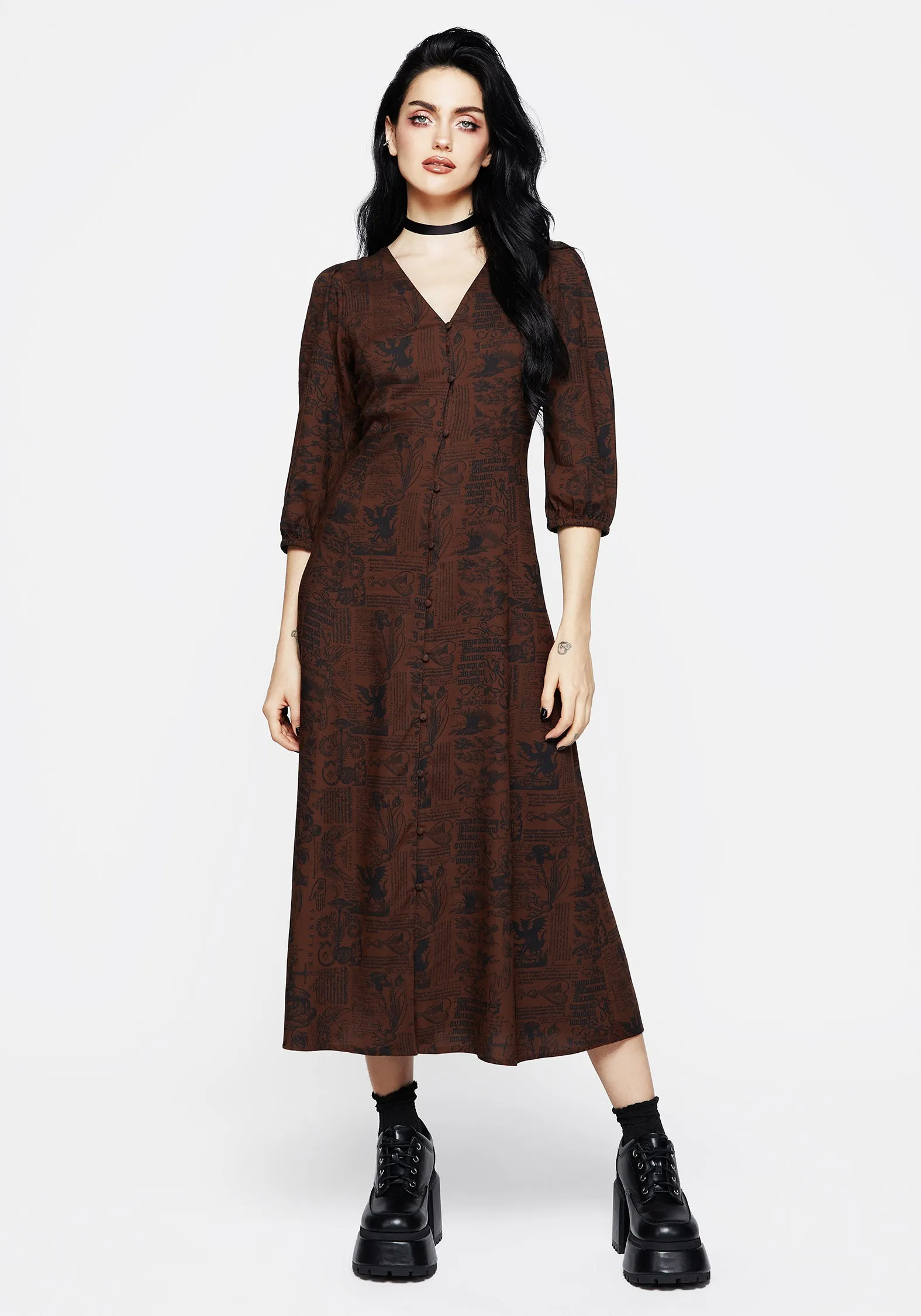 Smile Glow Daemonologie Woodcut Print Button Up Midaxi Dress