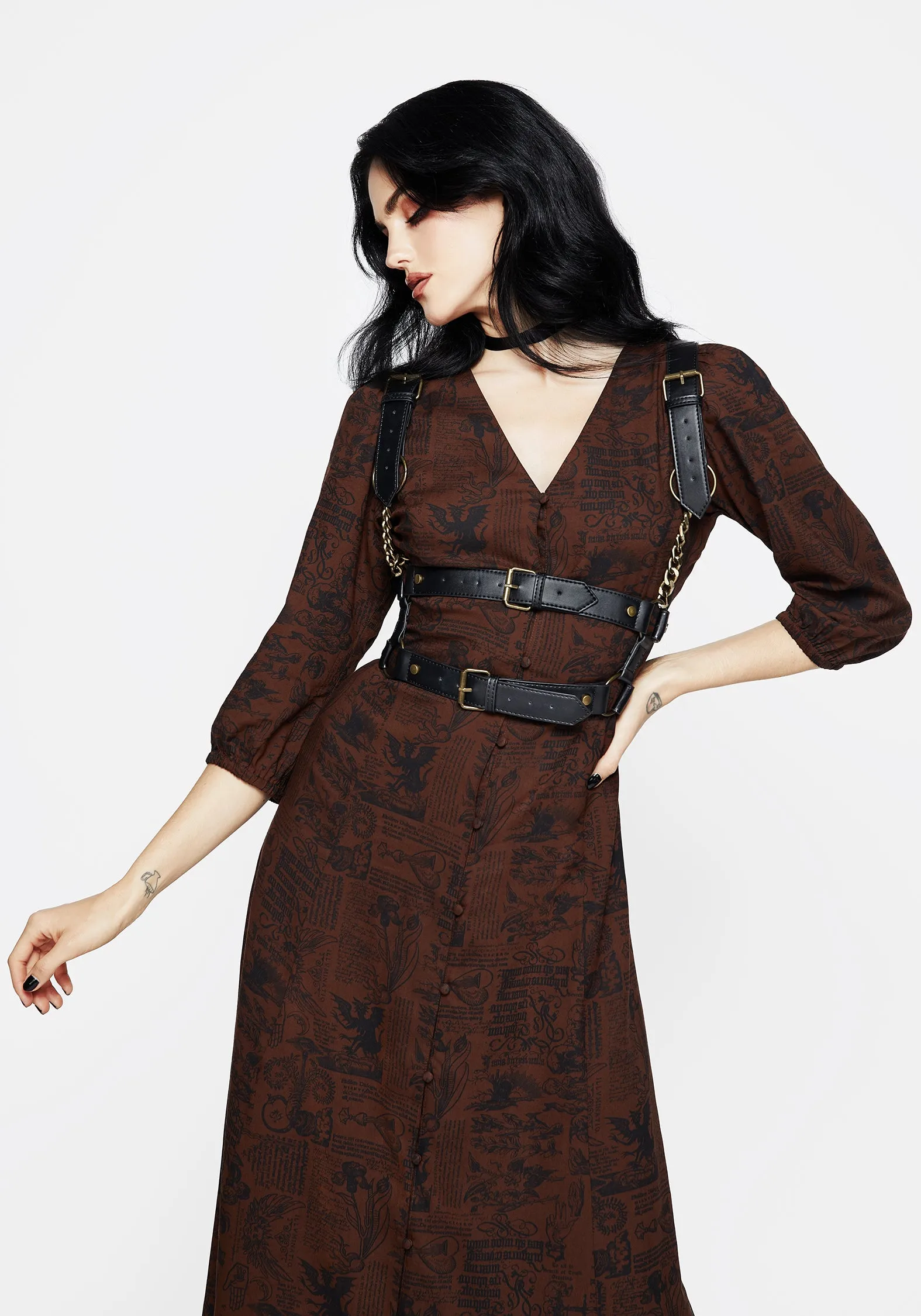 Casual Look Daemonologie Woodcut Print Button Up Midaxi Dress