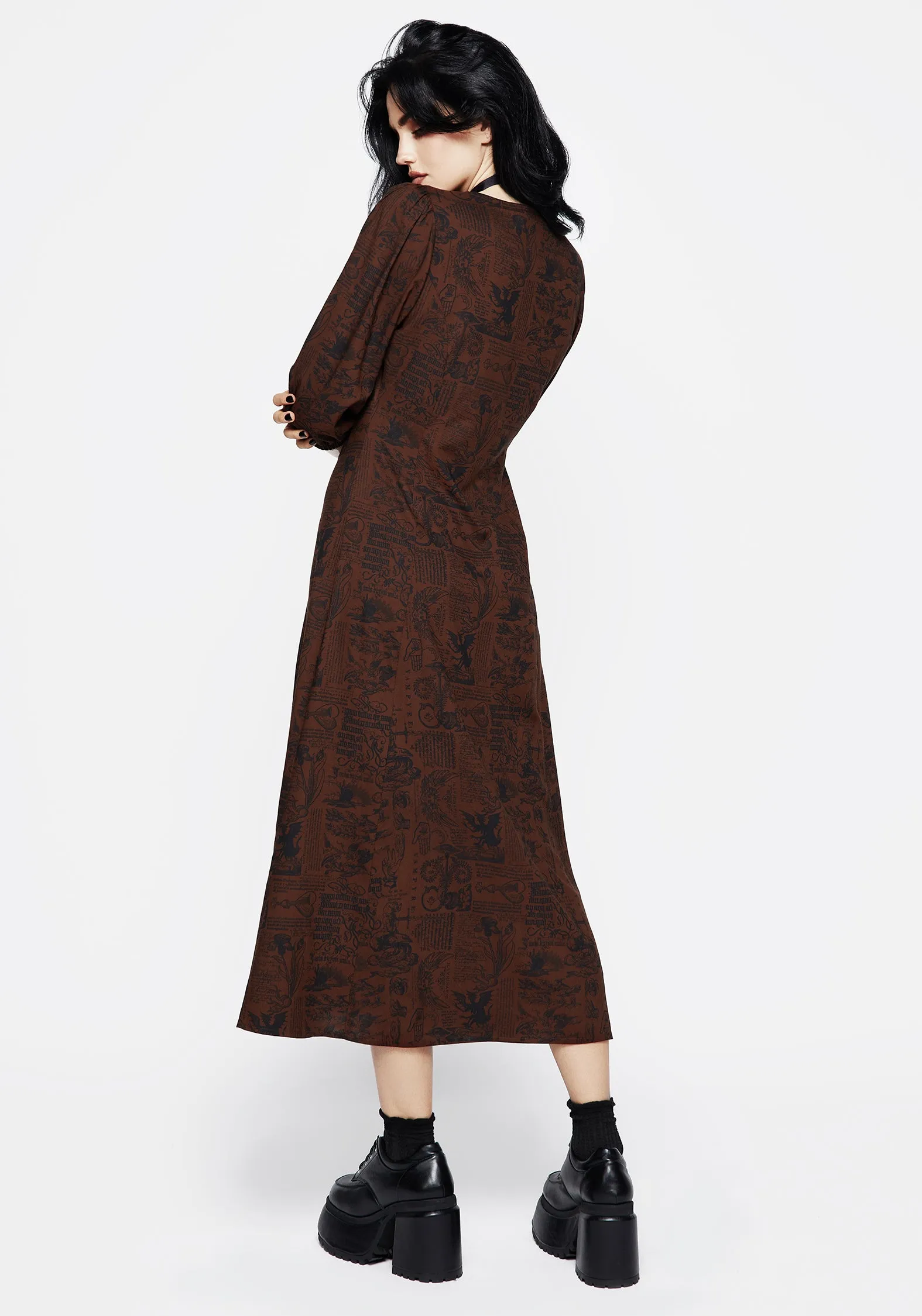 Easy-to-style casual dress light layering Daemonologie Woodcut Print Button Up Midaxi Dress