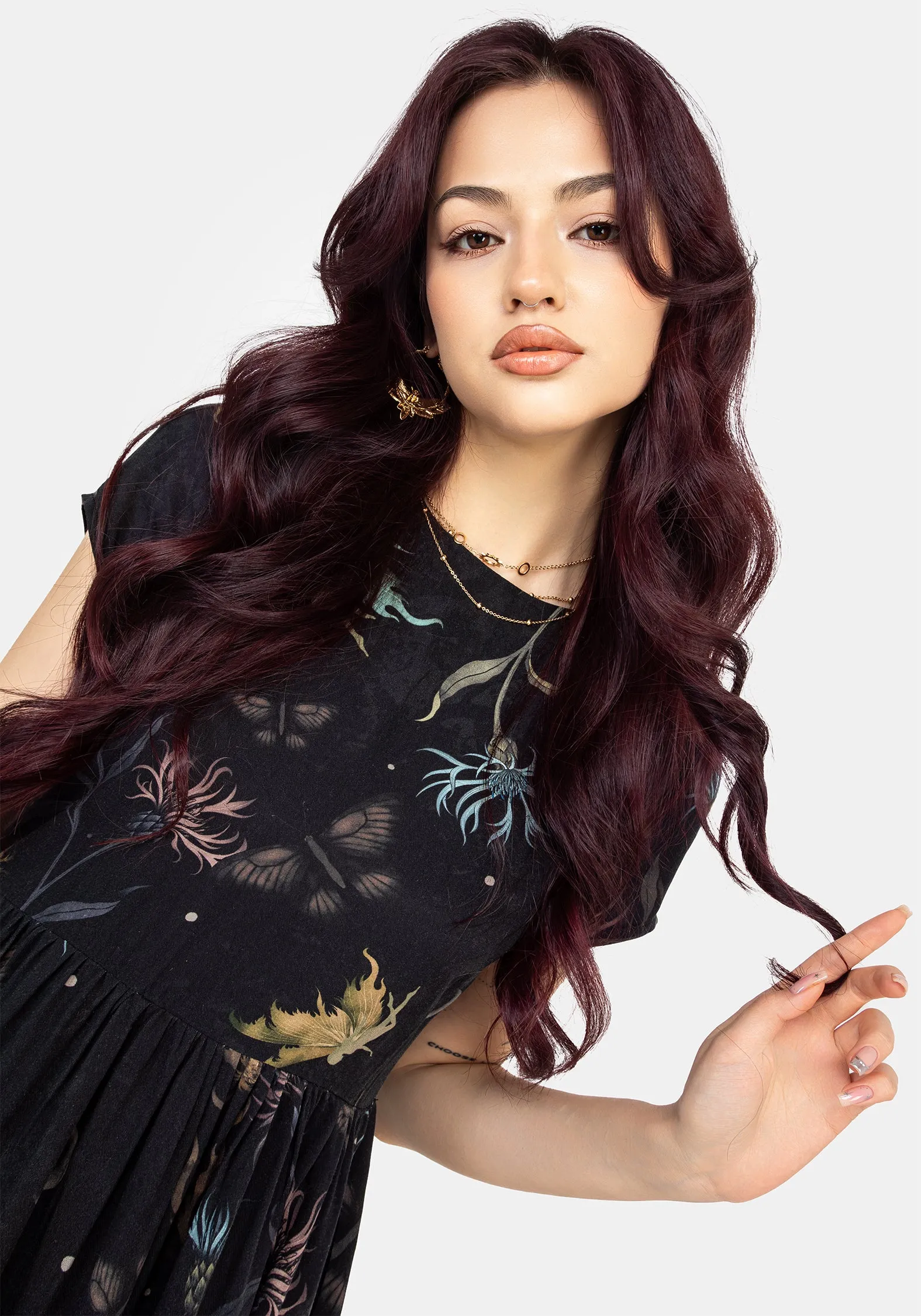Rosanella Floral Print Mini Smock Dress Bell-Sleeve High-Neck
