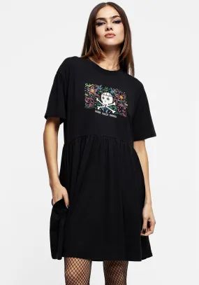 Death Conquers All Floral Skull Embroidered Mini Skater Dress Layered Volume